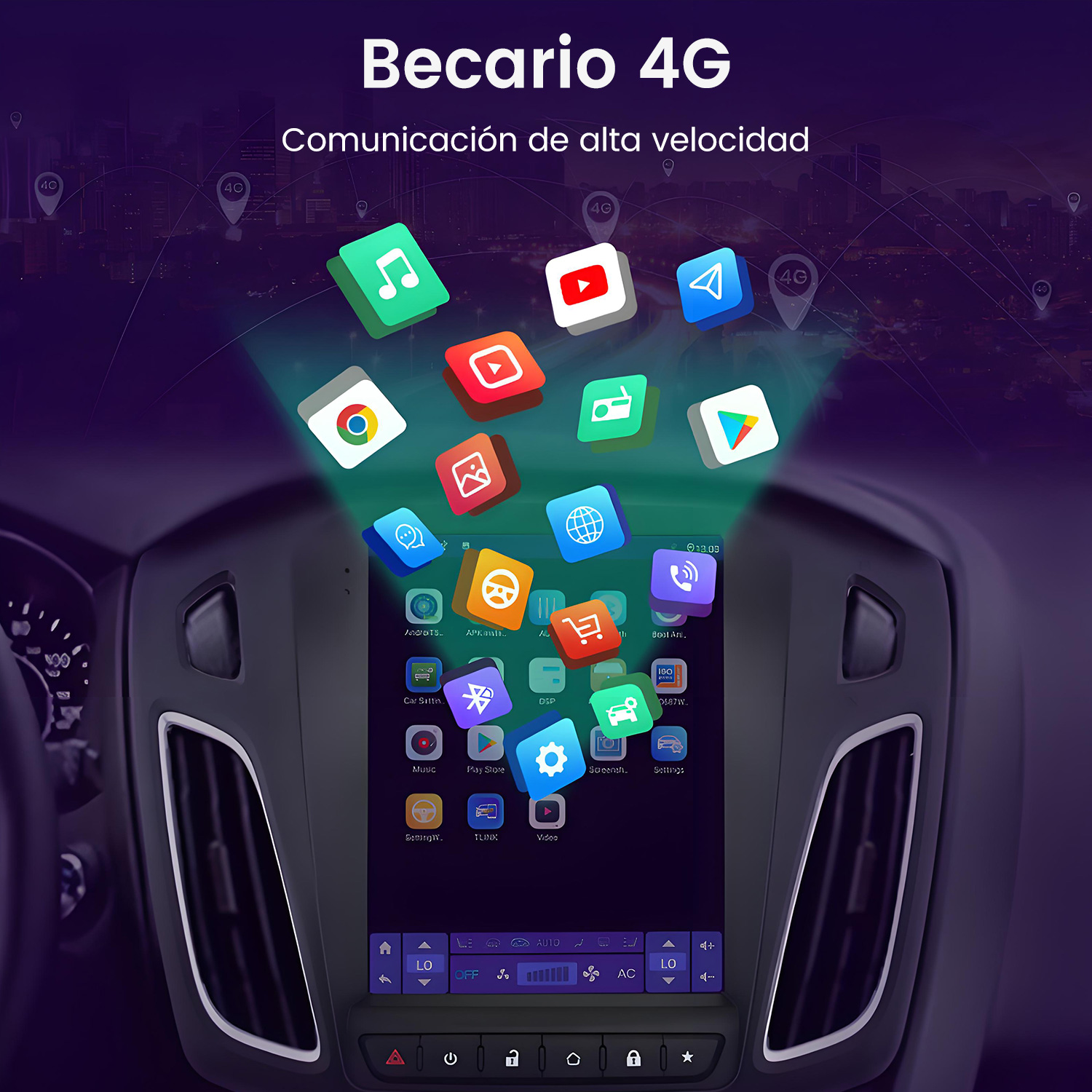 Interfaz del sistema multimedia del coche con varios iconos de aplicaciones, incluyendo música, mapas y ajustes.