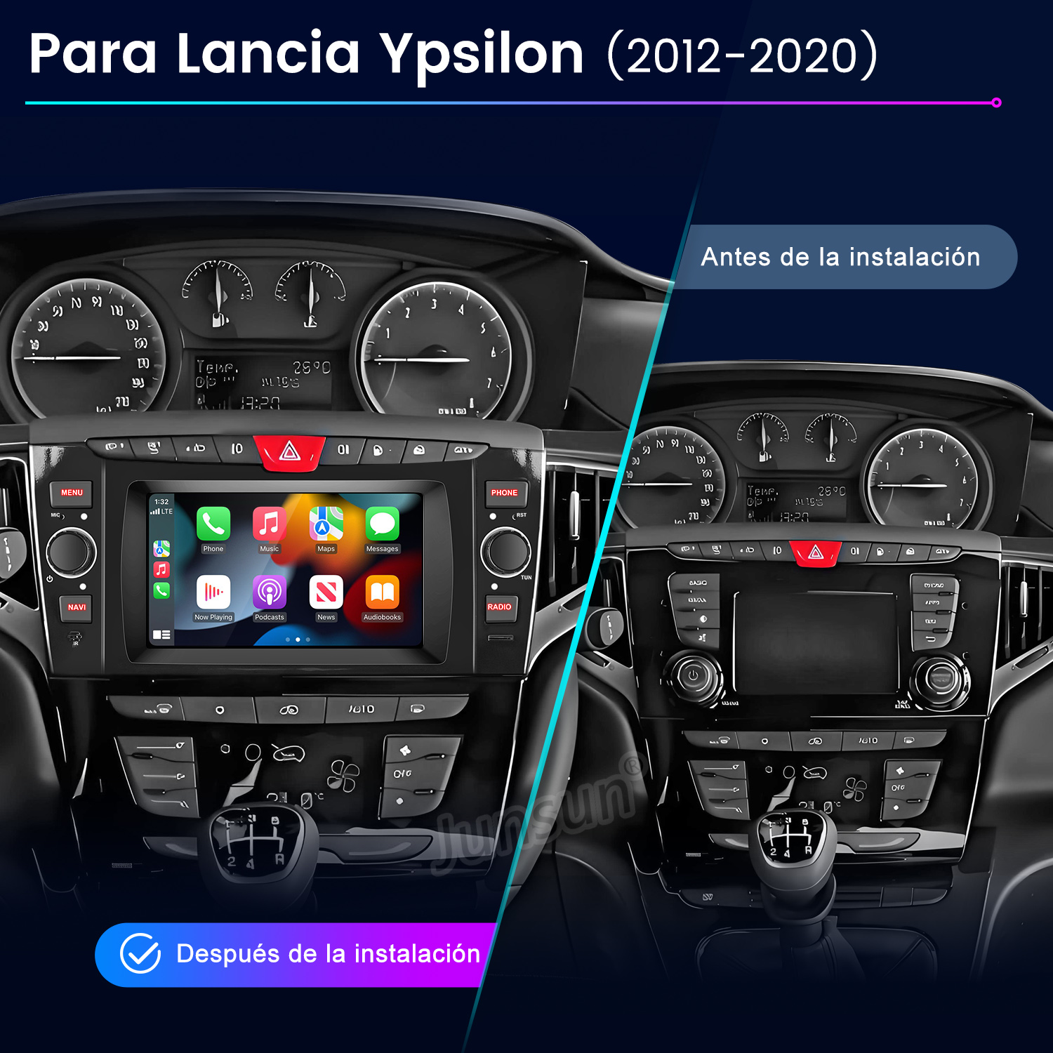 Un salpicadero de coche con pantalla de radio, comparando antes y después de la instalación para un Lancia Ypsilon (2012-2020).