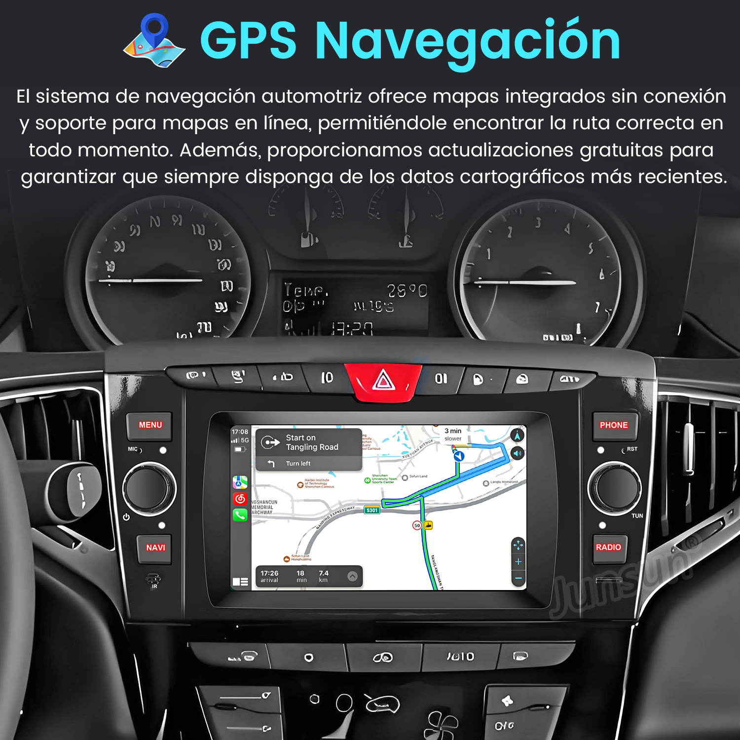 Panel del coche con navegación GPS. La pantalla muestra el mapa con ruta. Texto superior: 'GPS Navegación'.