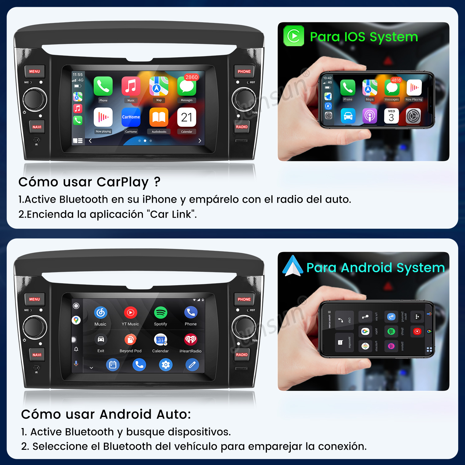 Pantalla del sistema multimedia del coche que muestra la interfaz con aplicaciones. Dos teléfonos muestran CarPlay y Android Auto.