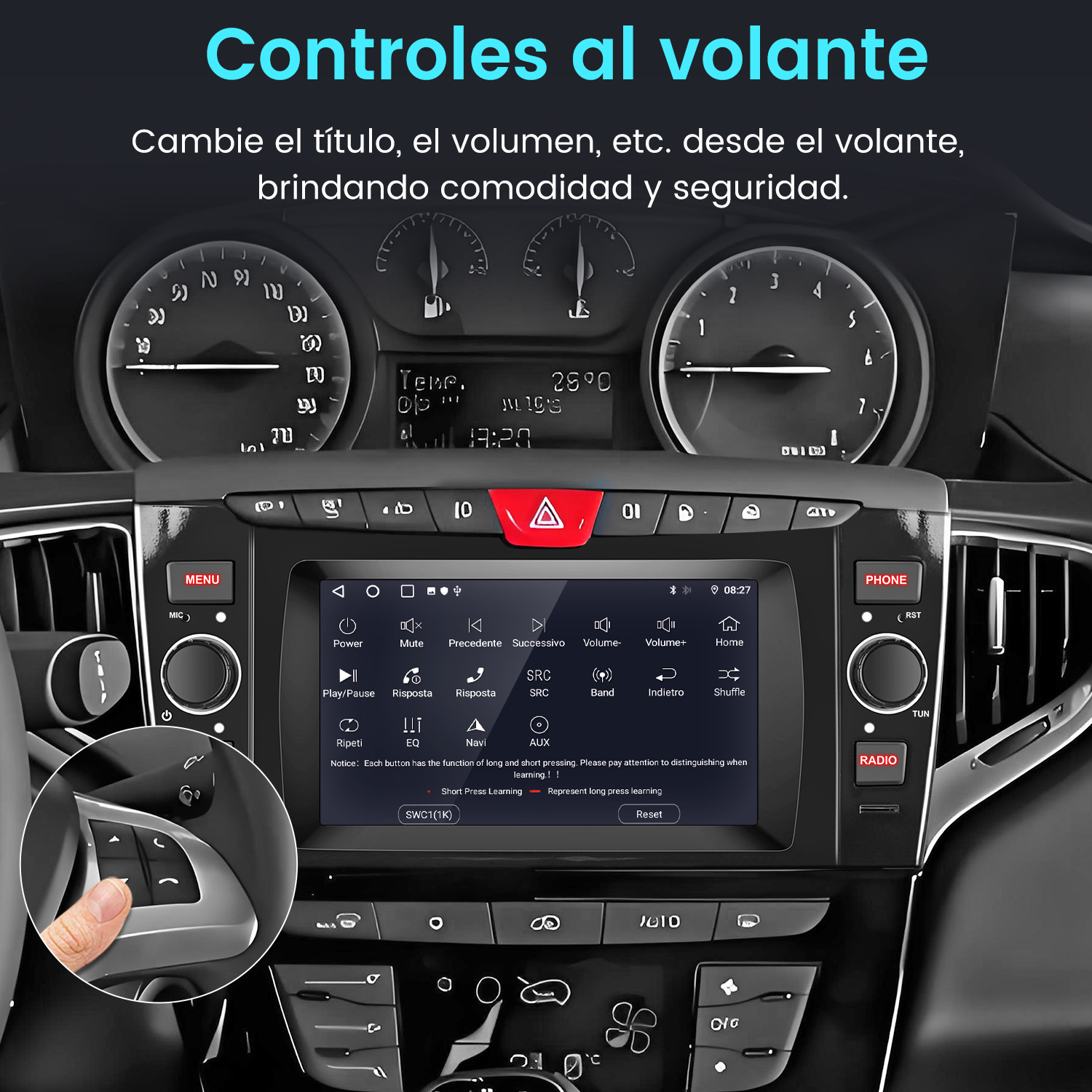 Sistema multimedia para coche que muestra información de radio y controles del coche. Pantalla con diales y botones.