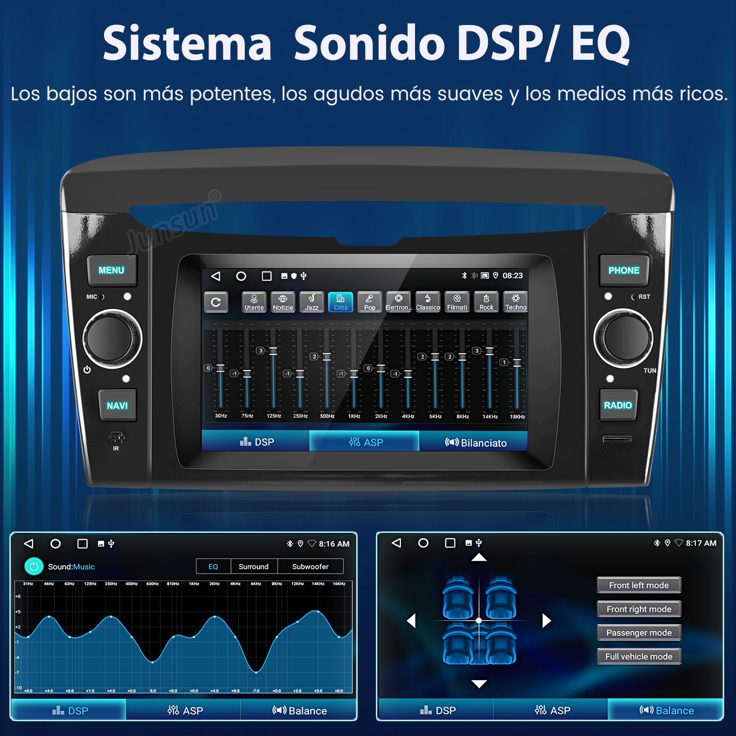 Sistema multimedia del coche mostrando ajustes de sonido. Pantalla muestra barras de ecualizador y opciones como 'DSP'.