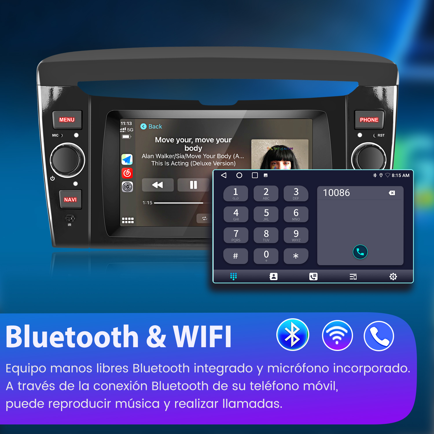 Sistema multimedia para coche con pantalla de teléfono mostrando música. Muestra iconos de Bluetooth y WiFi abajo.