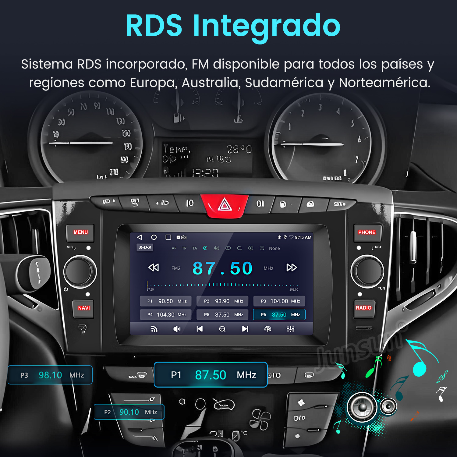Sistema multimedia para coche que muestra la interfaz de radio. La pantalla muestra frecuencias de radio e información de emisoras.