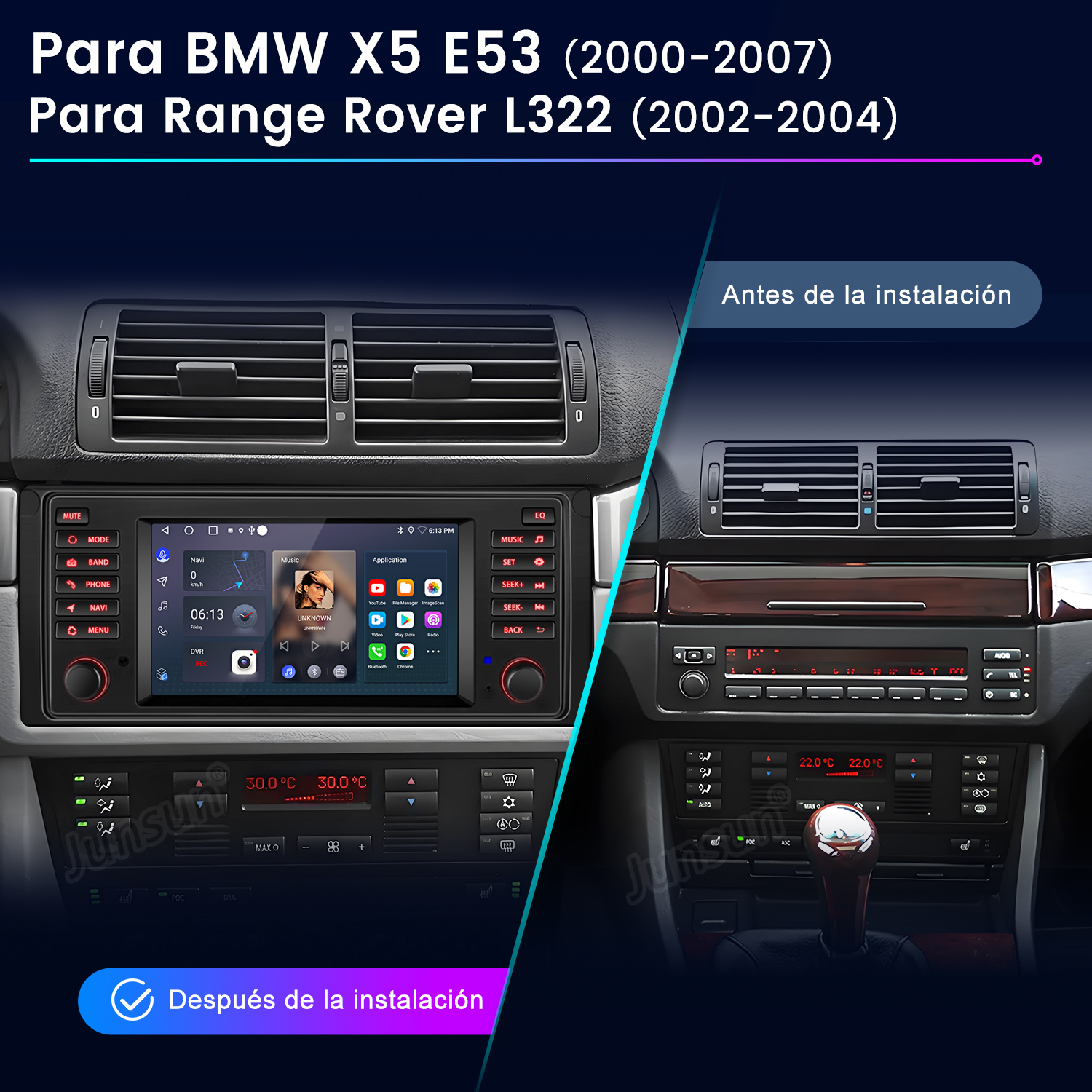 Comparación de instalación de radio de coche. Izquierda: Unidad instalada con pantalla. Derecha: Interior original con radio.