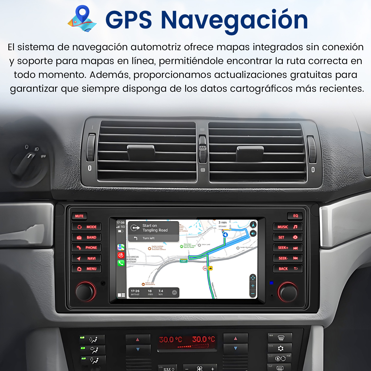 Pantalla de radio de coche mostrando mapa y navegación. El texto describe el sistema de navegación GPS y sus características.