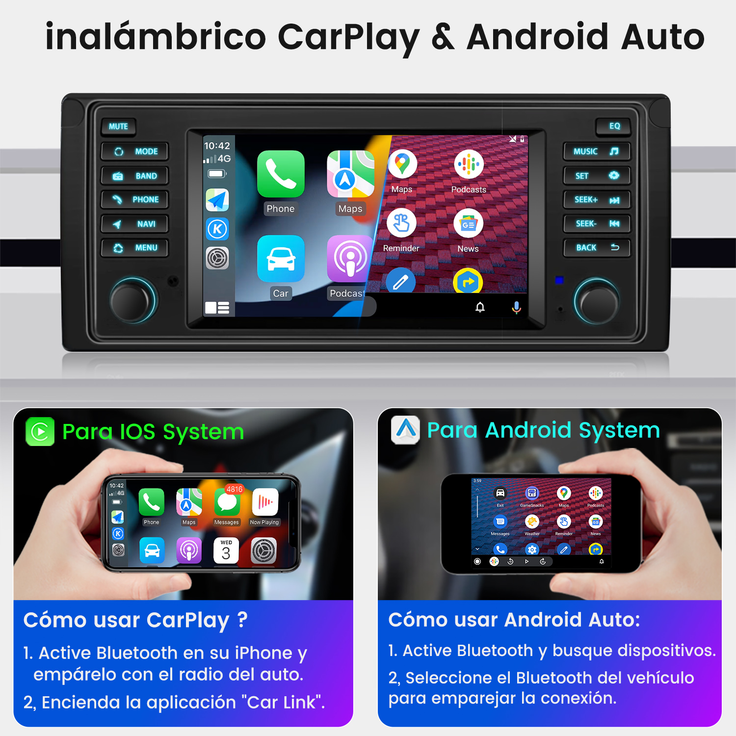 Sistema multimedia para coche con dos pantallas. La superior muestra la interfaz, la inferior teléfonos.
