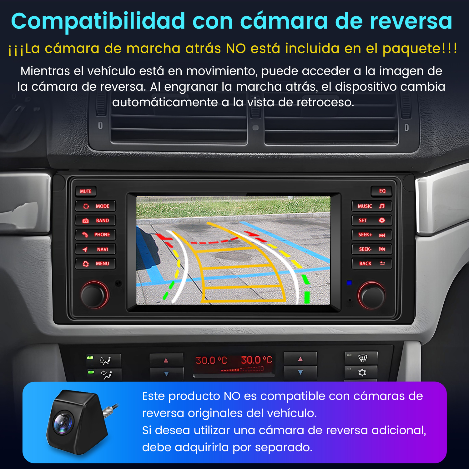 Pantalla multimedia del coche mostrando la vista de la cámara de marcha atrás. Vista del aparcamiento con cámara.