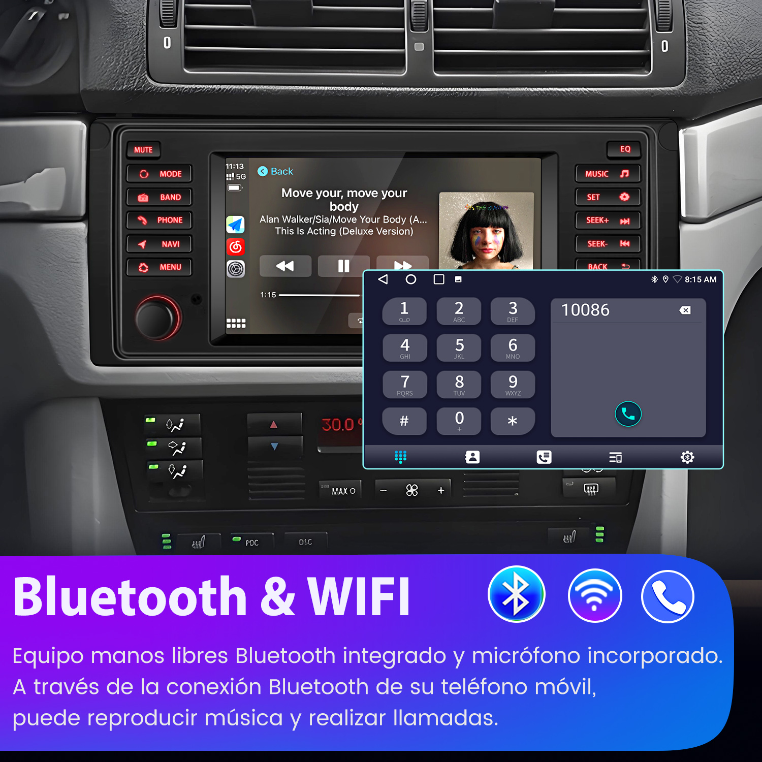 Pantalla de radio del coche mostrando música con interfaz de teclado telefónico y funciones Bluetooth y WIFI.