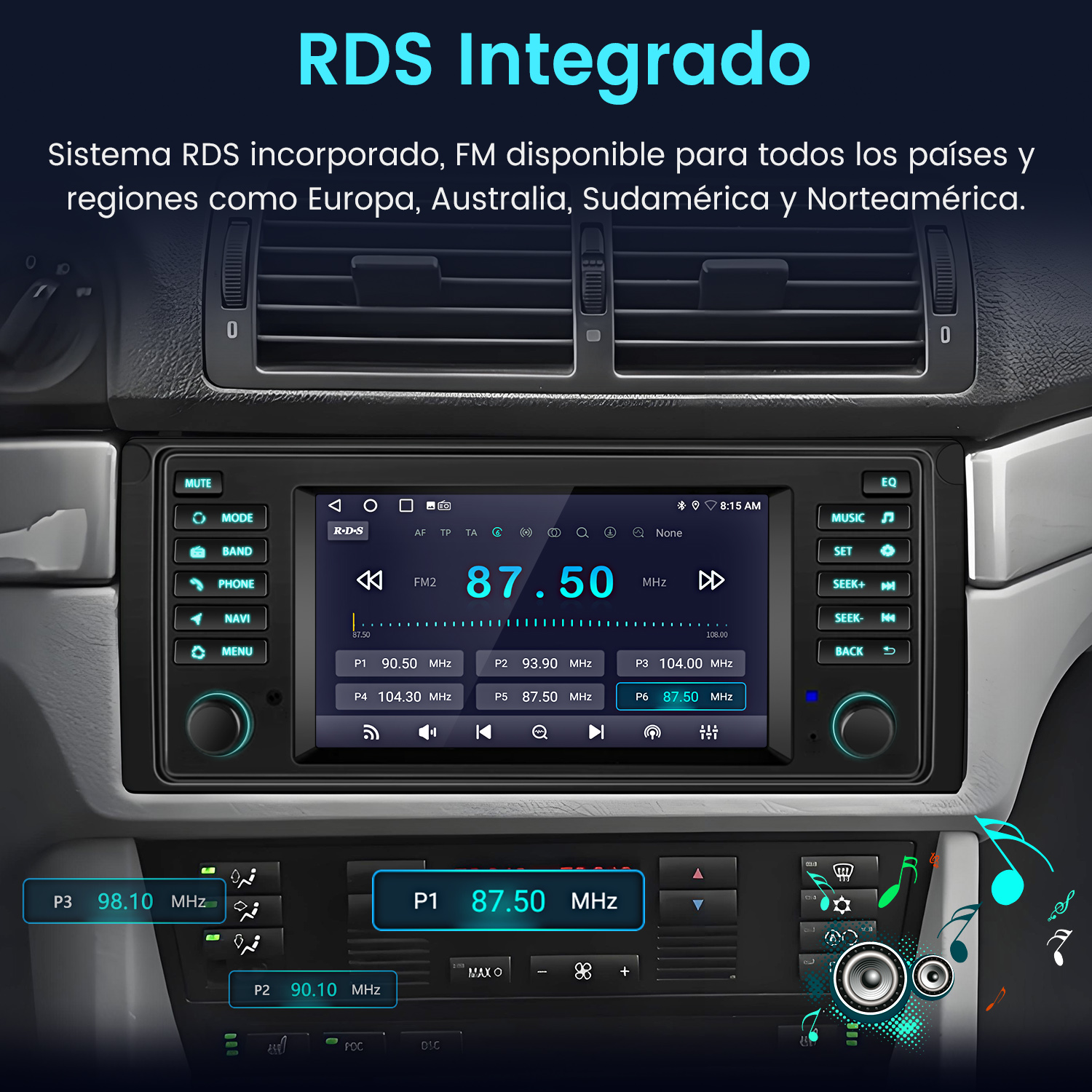 Pantalla de radio del coche que muestra la interfaz de radio FM con información de la estación de radio. La radio está en el salpicadero del coche.