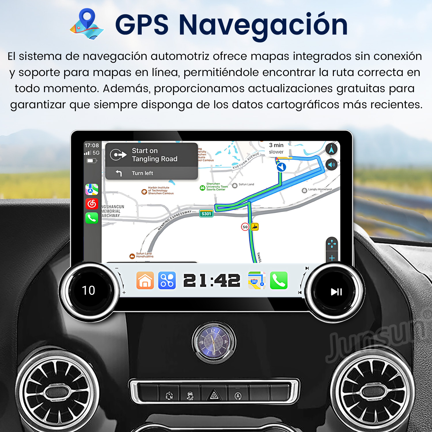 Pantalla de radio de coche con navegación GPS, mostrando un mapa y direcciones dentro del interior de un coche.
