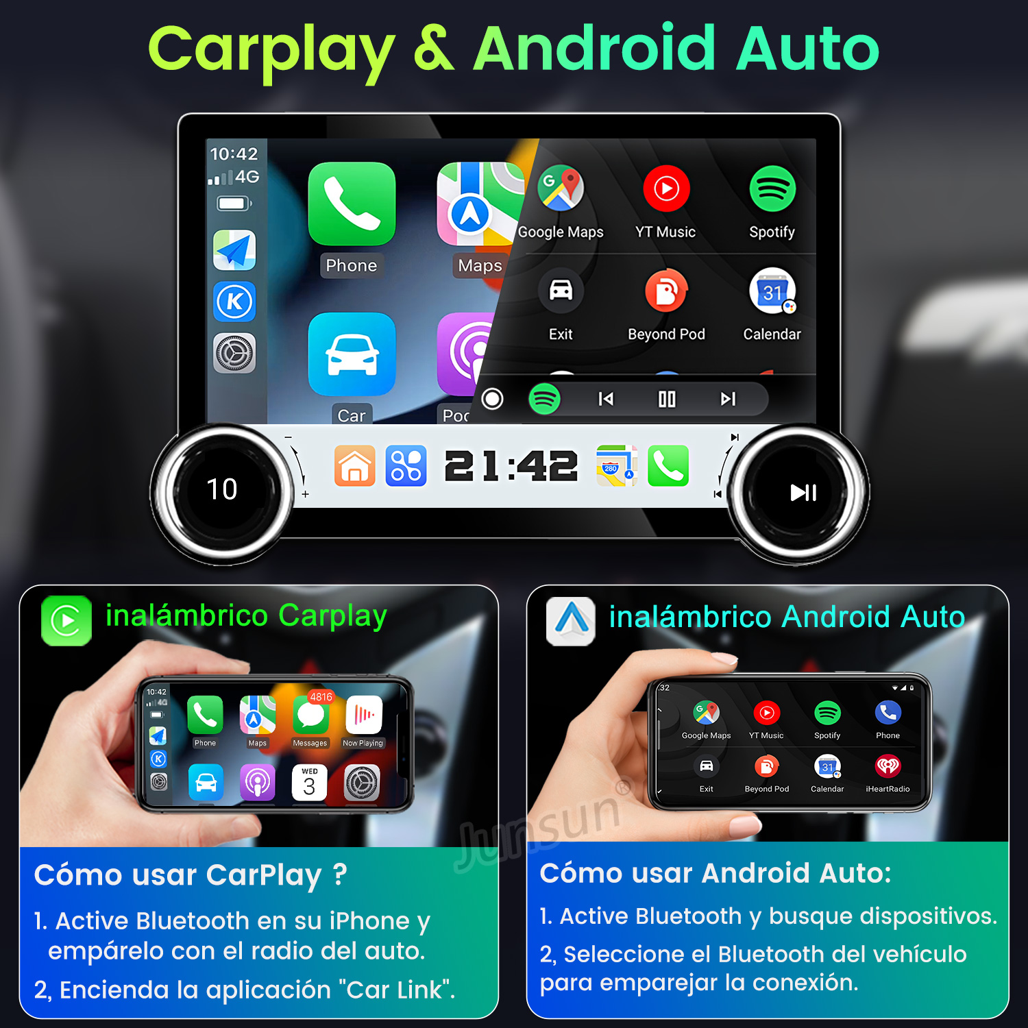 Pantalla de radio del coche que muestra instrucciones de Carplay y Android Auto con ejemplos. Se muestran dos pantallas más pequeñas.