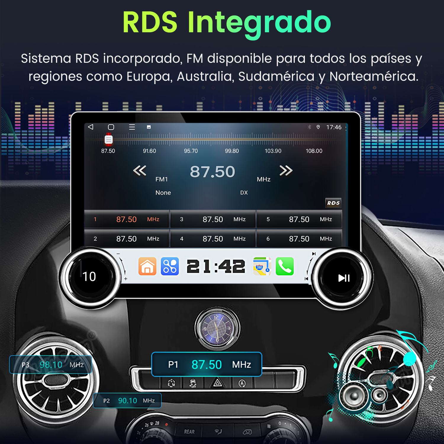Pantalla de radio de coche con RDS integrado. Muestra frecuencias de radio e información de emisoras en un interior de coche.