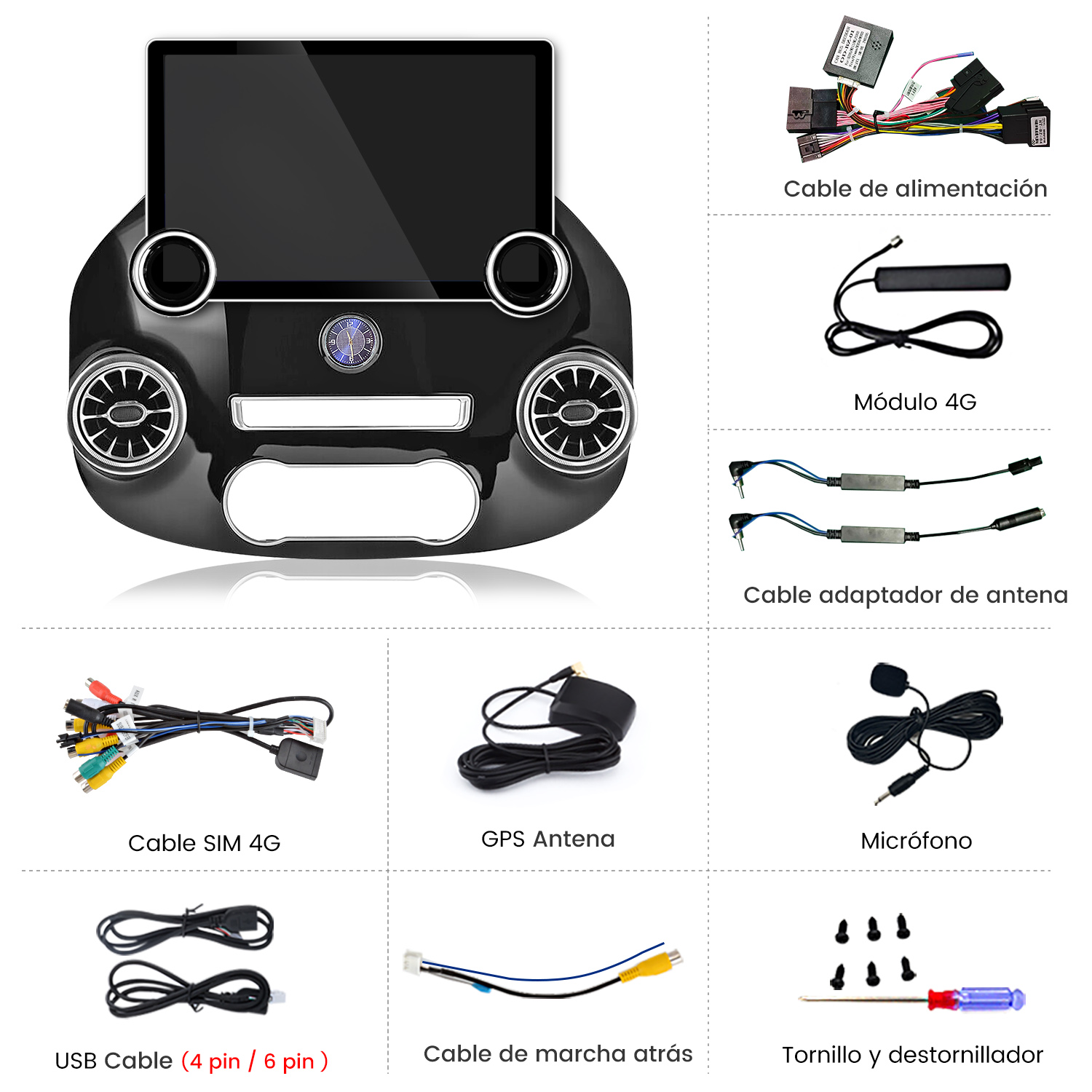 Una radio de coche con múltiples accesorios. Se muestran varios cables, un micrófono y una antena GPS.