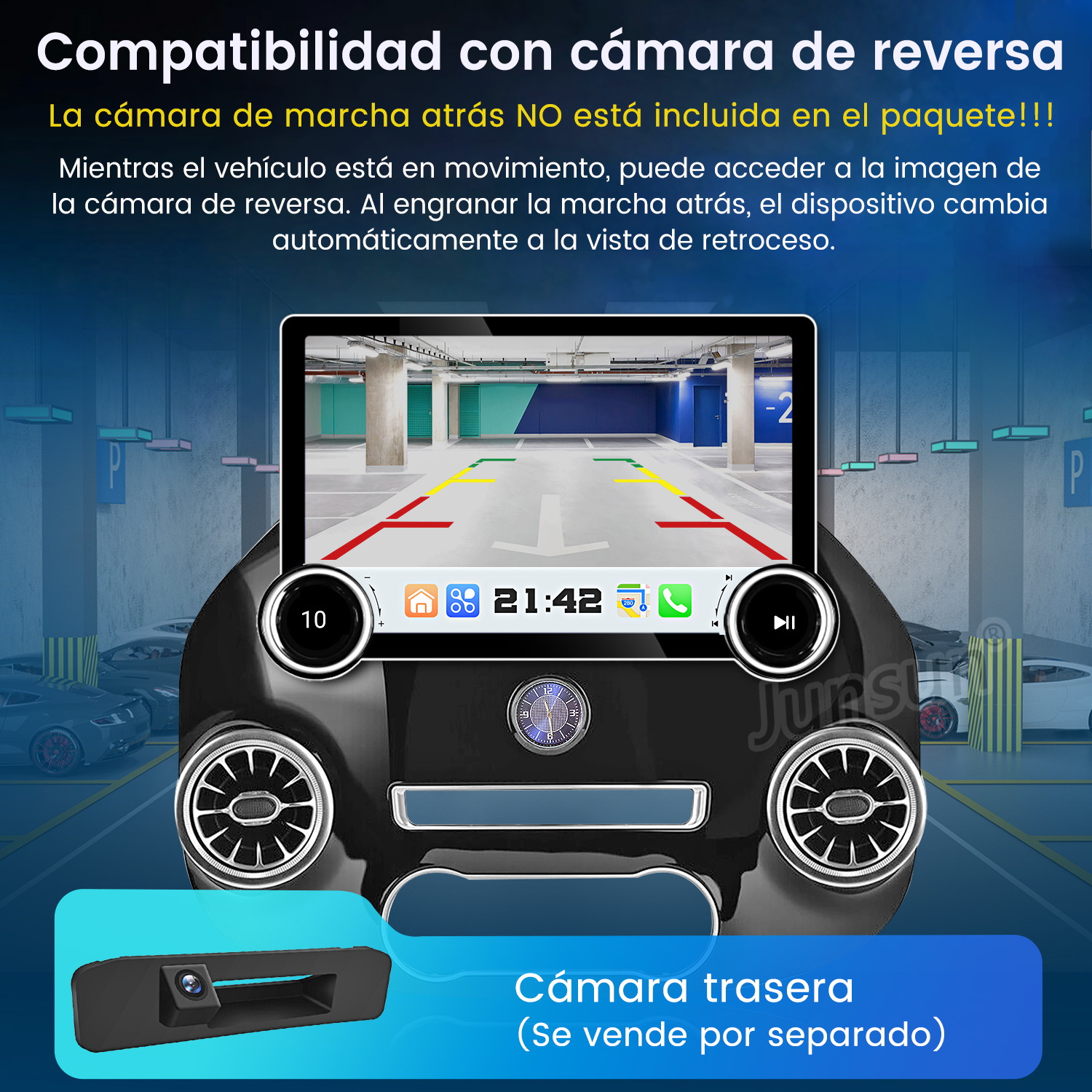 Pantalla de radio del coche que muestra una vista del estacionamiento desde una cámara de marcha atrás. Una pequeña cámara está en la esquina.