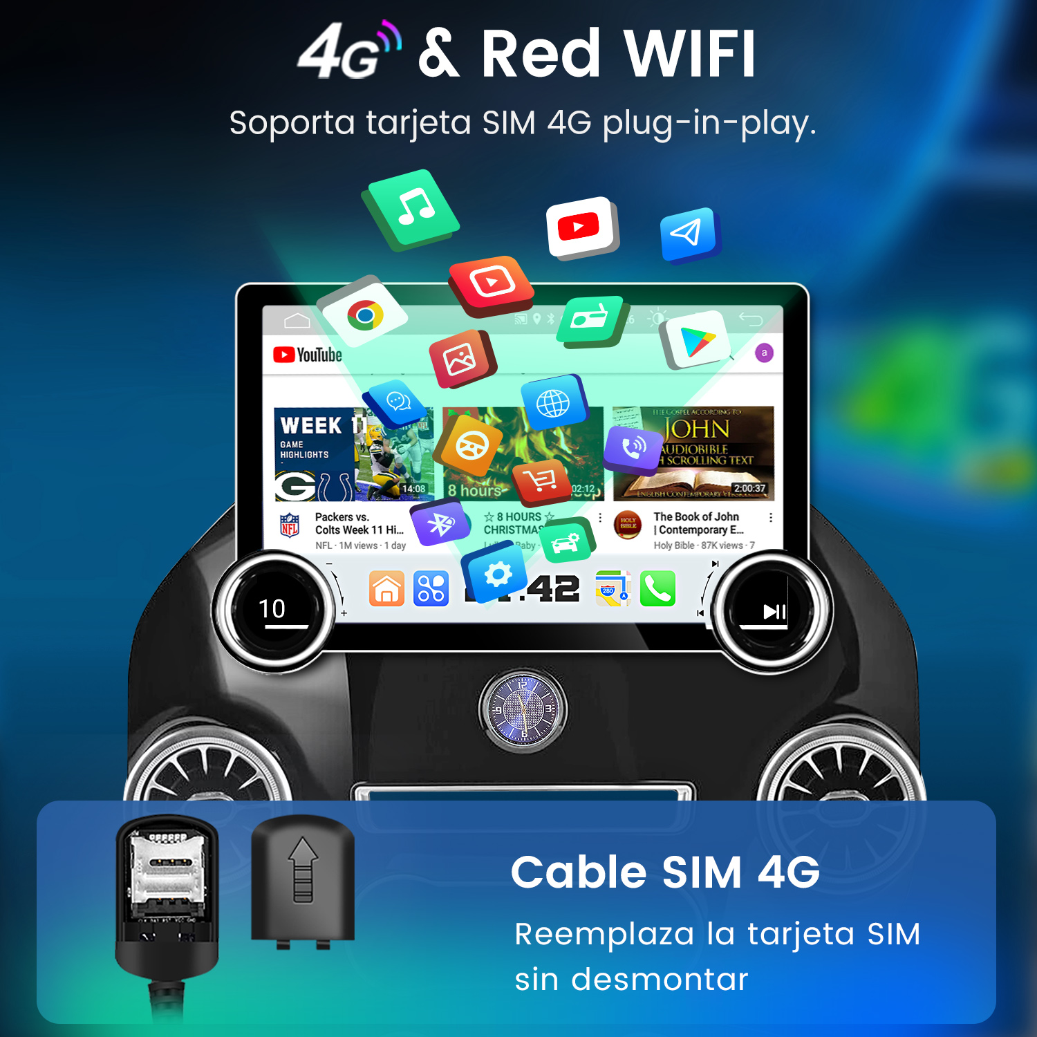 Pantalla de radio del coche que muestra iconos de aplicaciones y funciones de tarjeta SIM. Se muestran dos ranuras para tarjetas SIM en la parte inferior.