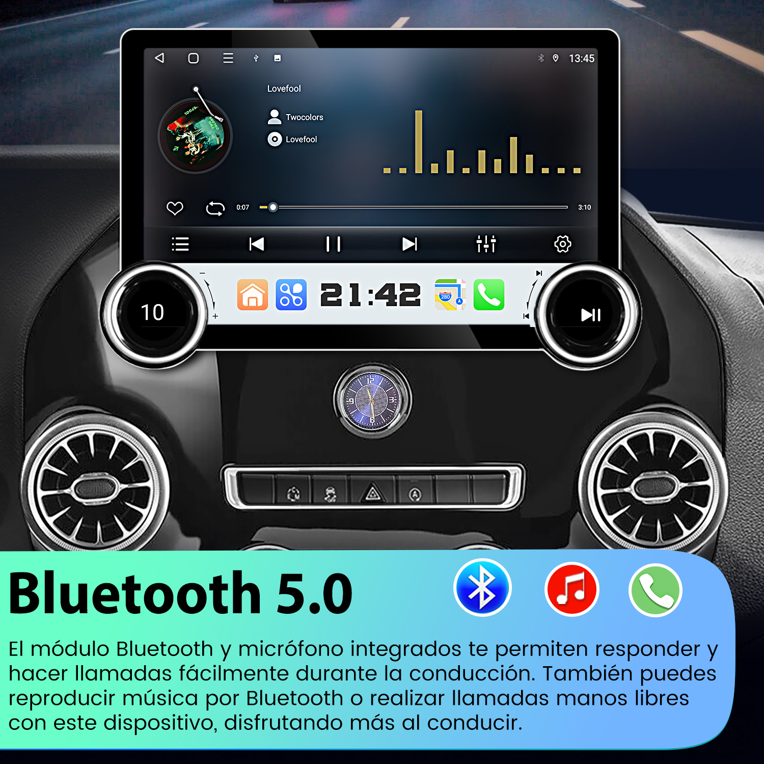 Pantalla del sistema multimedia del coche con controles de música e información Bluetooth 5.0. Texto en español.