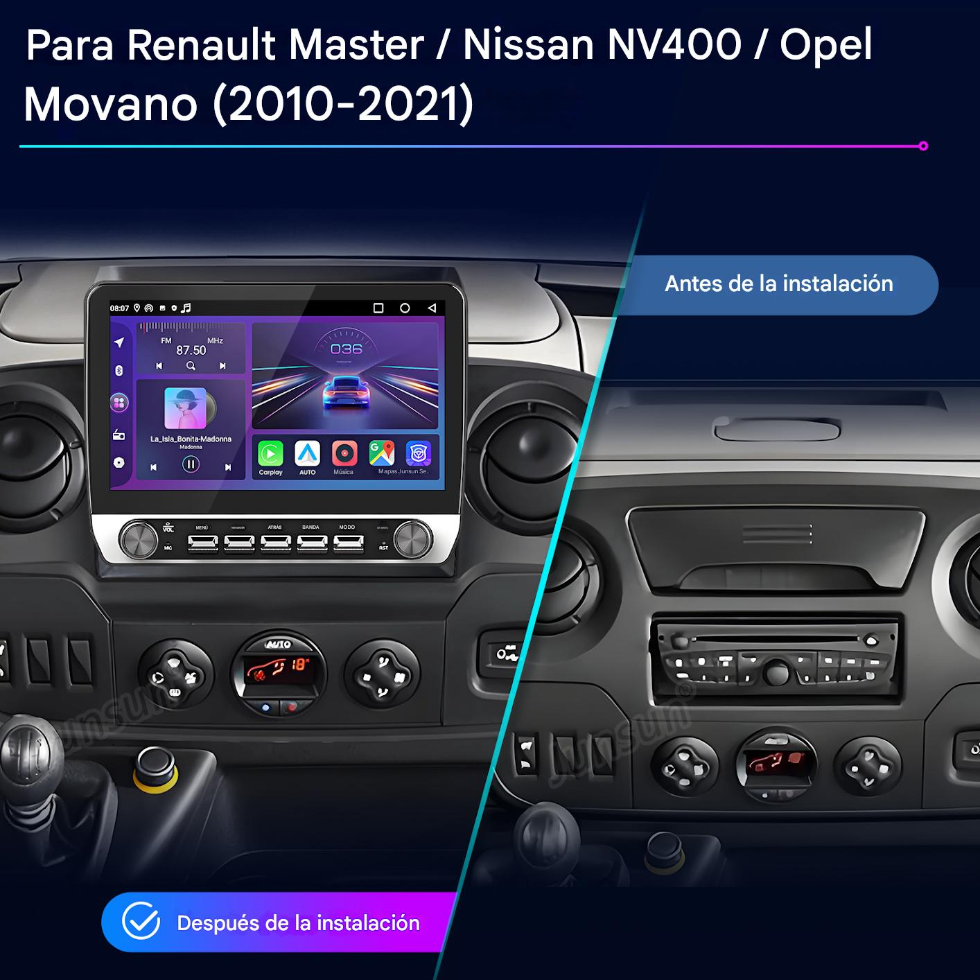 Autorradio con pantalla e imagen de instalación antes/después. Texto en español.