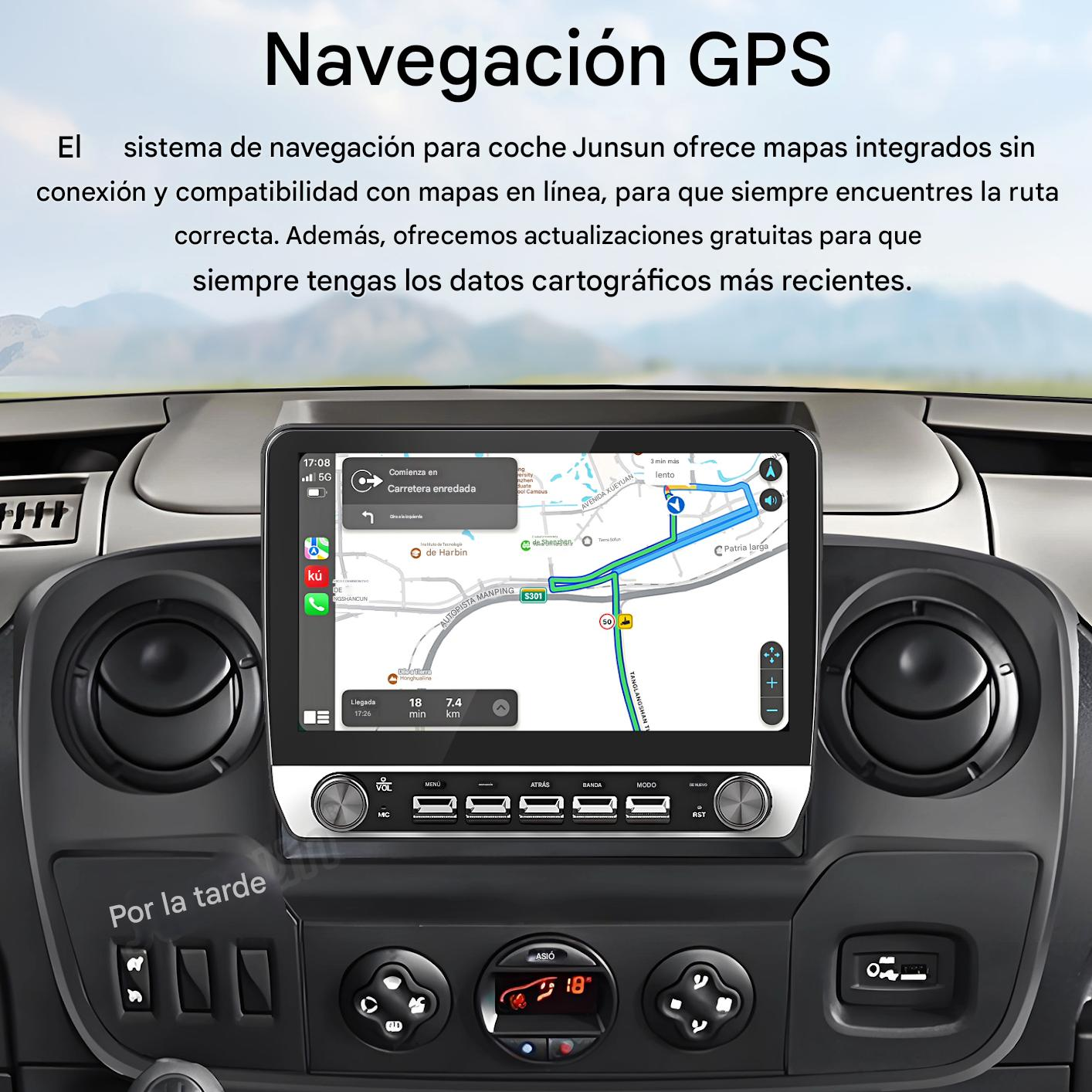 Pantalla del sistema multimedia del coche con mapa de navegación GPS. La pantalla muestra un mapa e información GPS.