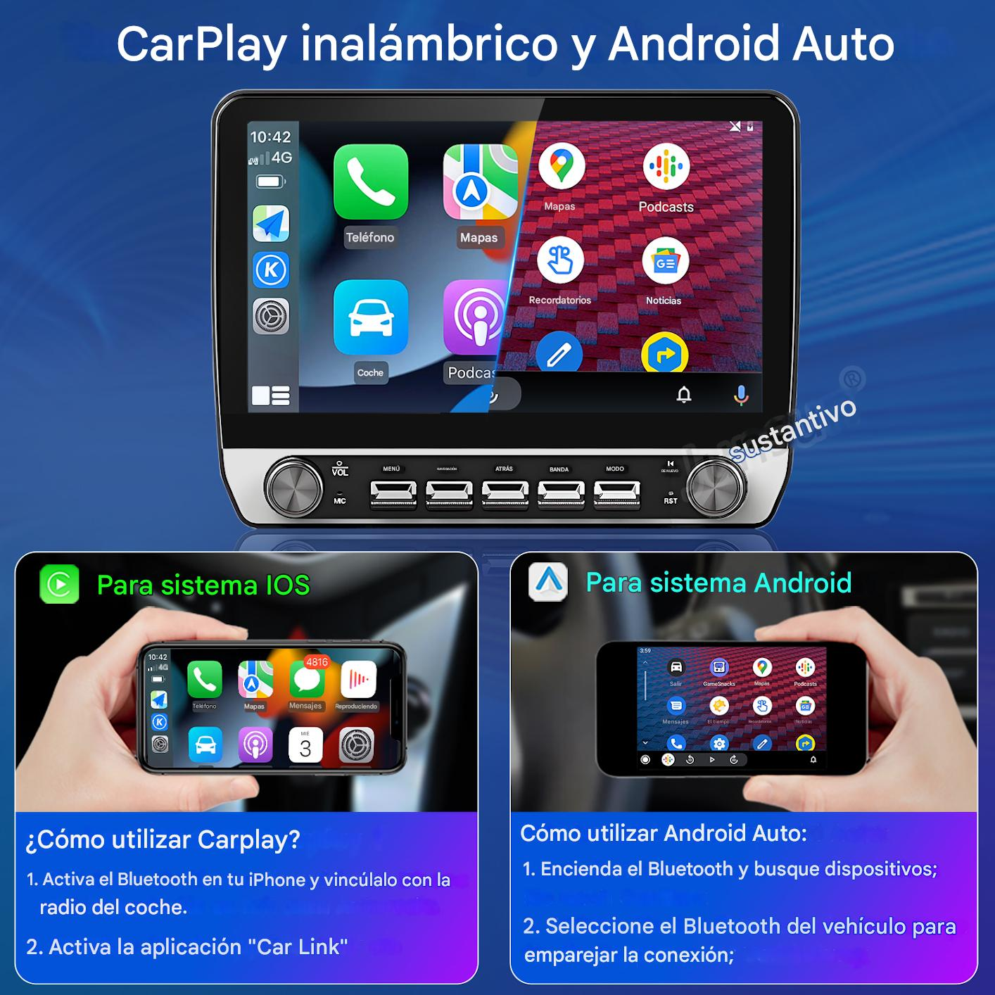 Autorradio con pantalla táctil mostrando las funciones CarPlay y Android Auto, con instrucciones en español.