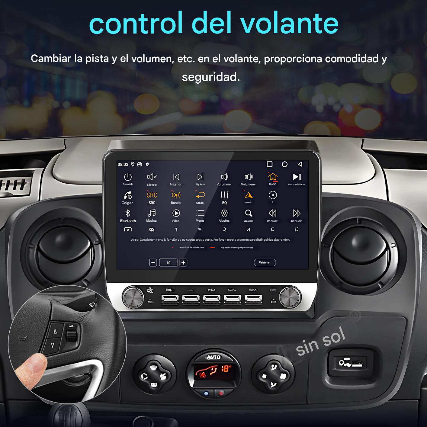 Pantalla del sistema multimedia del coche que muestra los controles. Una mano está tocando los controles del volante.