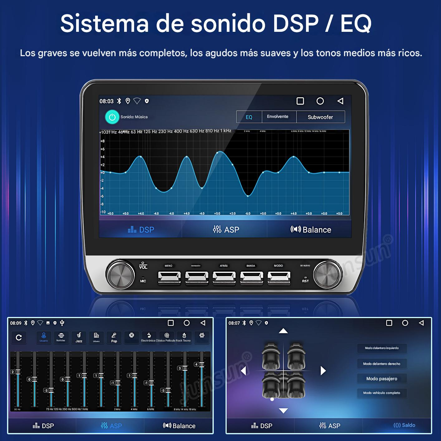 Interfaz del sistema de audio del coche con pantalla mostrando ajustes de sonido y opciones. Pantallas más pequeñas.