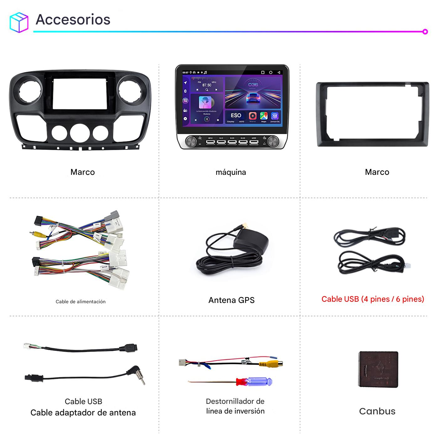 Varios accesorios de radio para coche, incluyendo marcos, una unidad principal y múltiples cables, sobre fondo blanco.