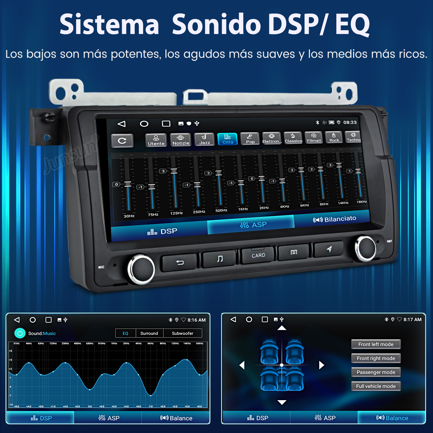 Pantalla del sistema multimedia del coche que muestra la configuración del ecualizador, opciones de sonido y ajustes del coche. Texto en español.