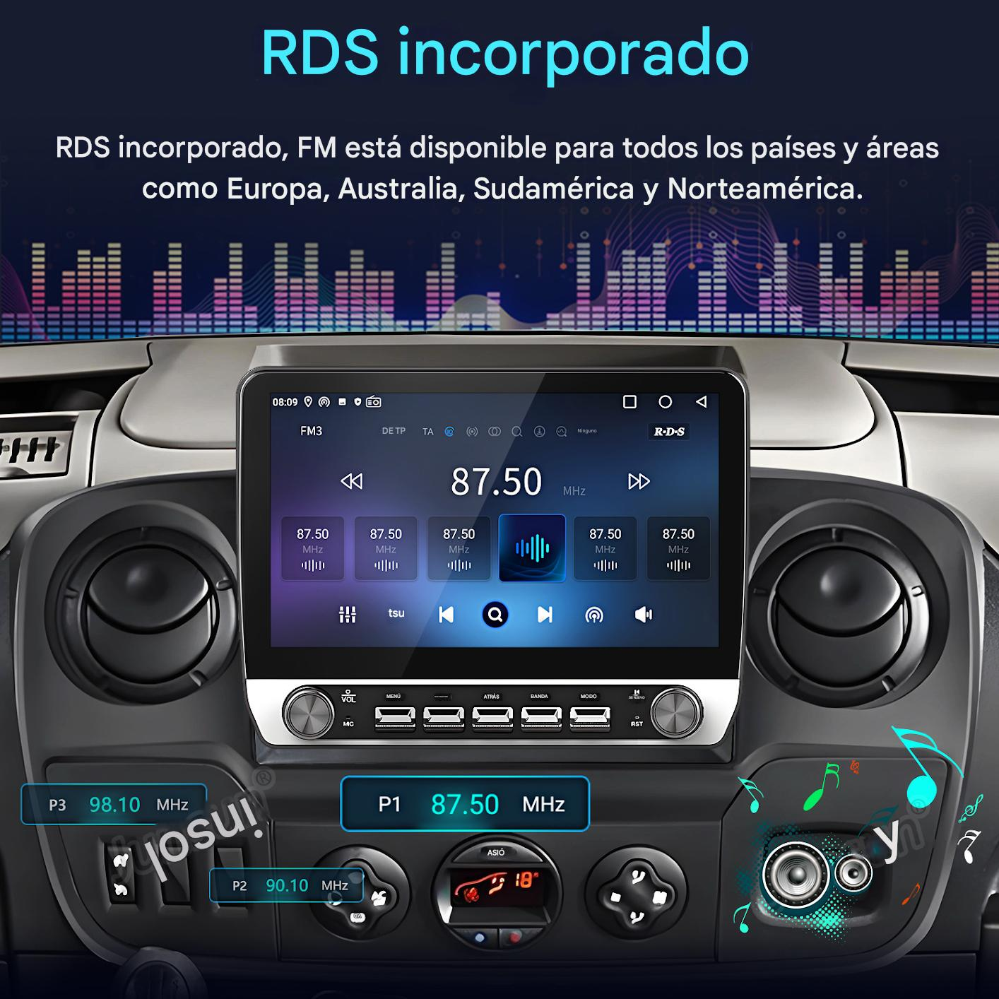 Pantalla de radio del coche que muestra la interfaz de radio FM con información de la estación de radio. La radio está en el salpicadero del coche.