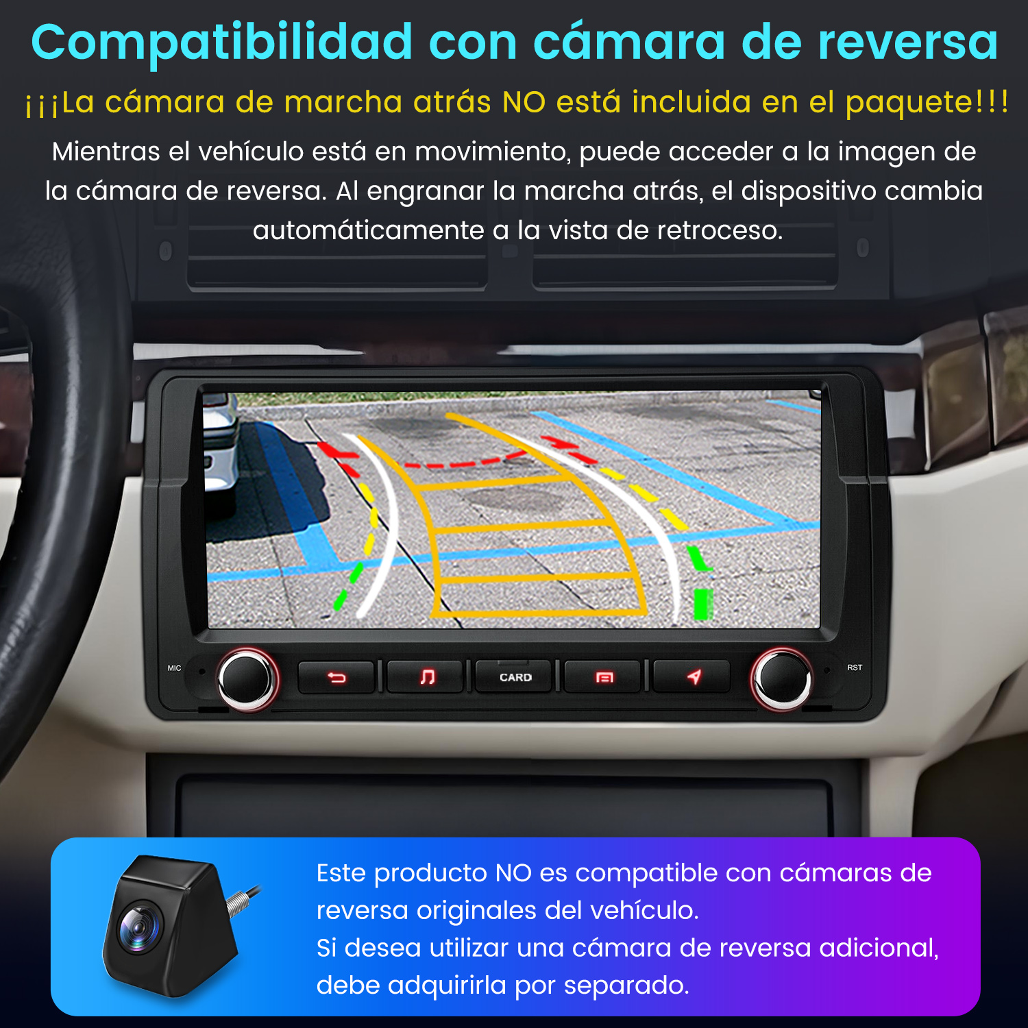 Pantalla de radio del coche que muestra la vista de la cámara de marcha atrás. Se muestra una pequeña cámara en la parte inferior.
