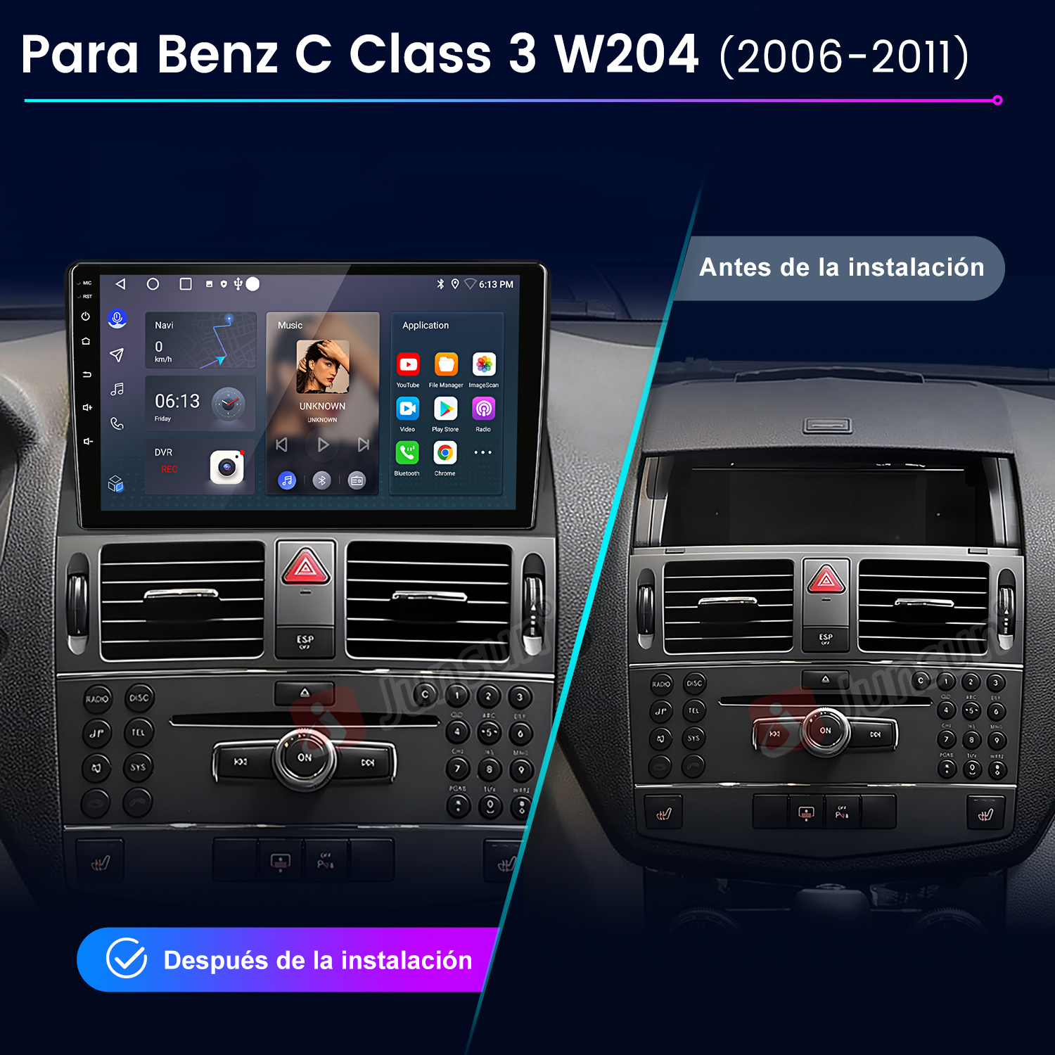 Pantalla de radio del coche que muestra vistas de antes y después de la instalación. La interfaz de música se muestra en la pantalla.