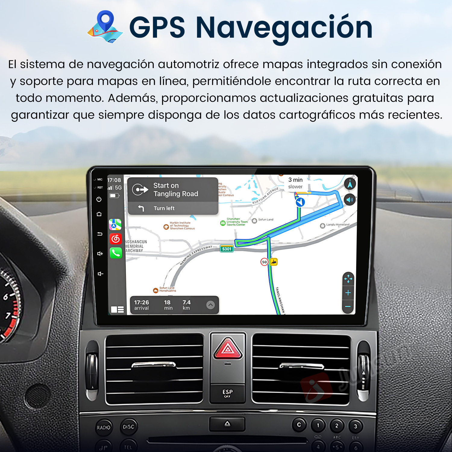 Pantalla de radio del coche que muestra un mapa de navegación. La pantalla está montada en el salpicadero del coche.