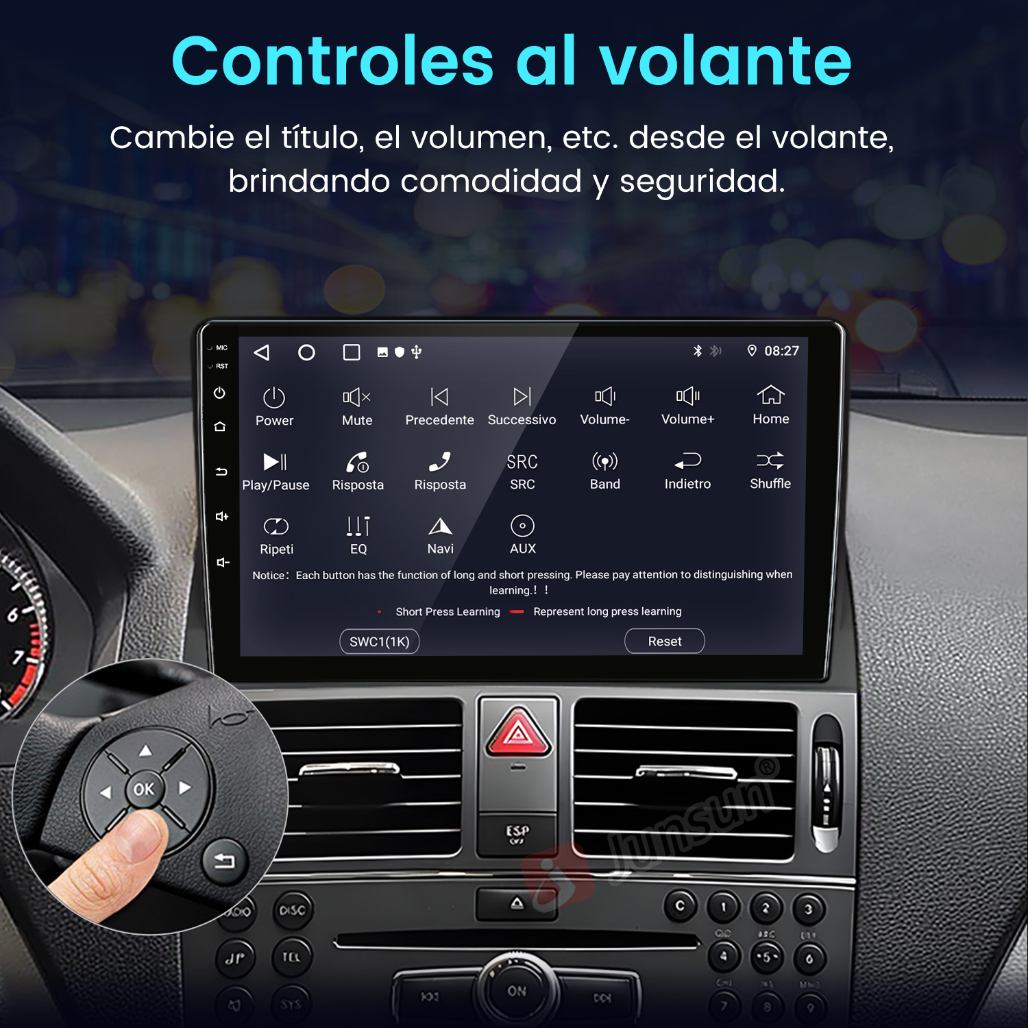 Pantalla del sistema multimedia del coche con botones y una mano pulsando un botón OK. Texto en español.