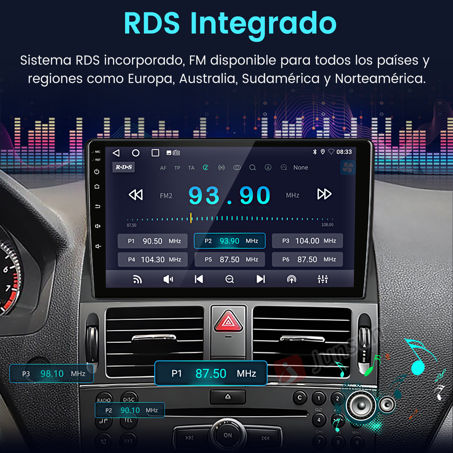 Pantalla del sistema multimedia del coche que muestra la interfaz de radio. La pantalla tiene botones y una pantalla digital que muestra información de radio.