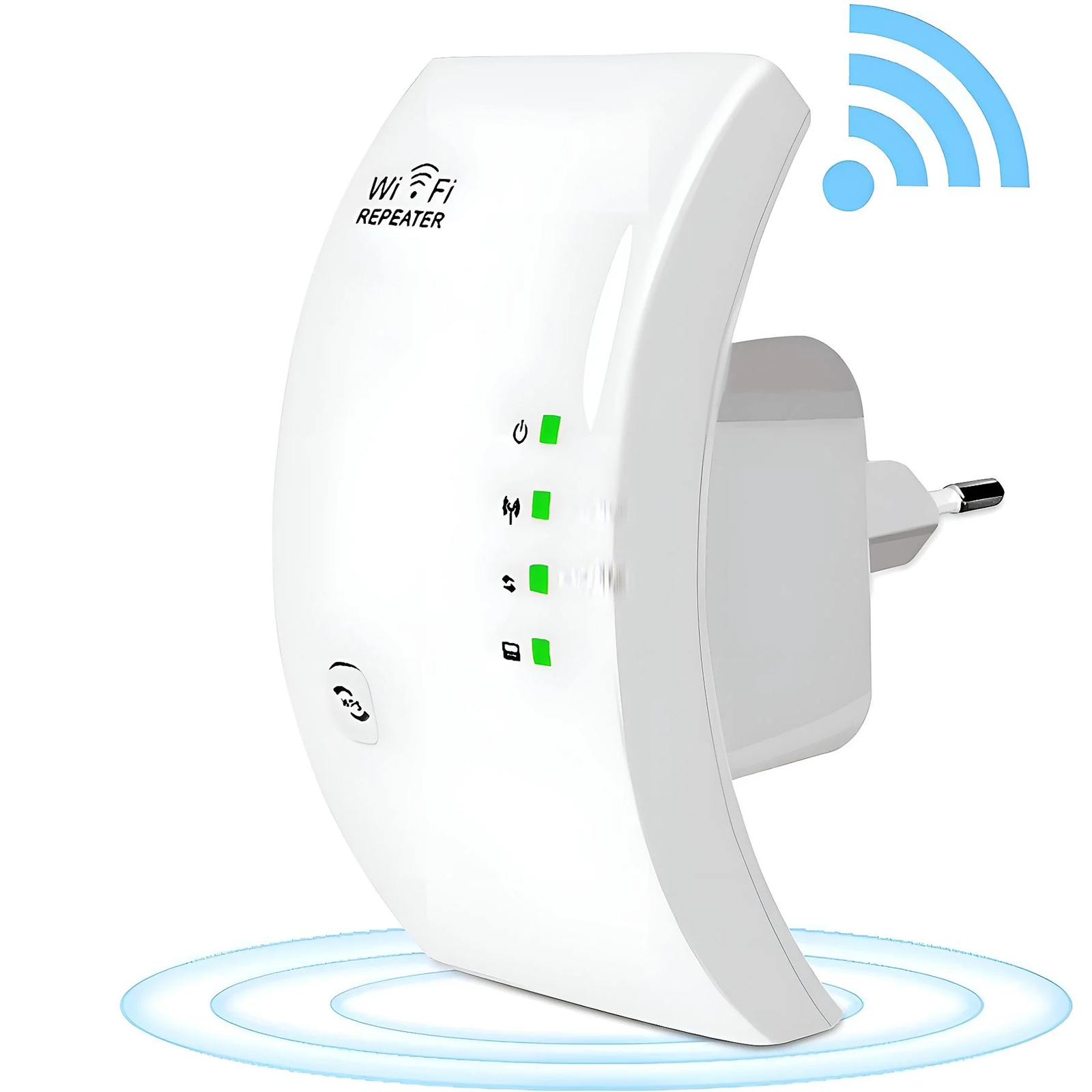 Weißer WLAN-Repeater eingesteckt. Zeigt grüne Lichter und ein WLAN-Symbol. Der Hintergrund ist weiß.
