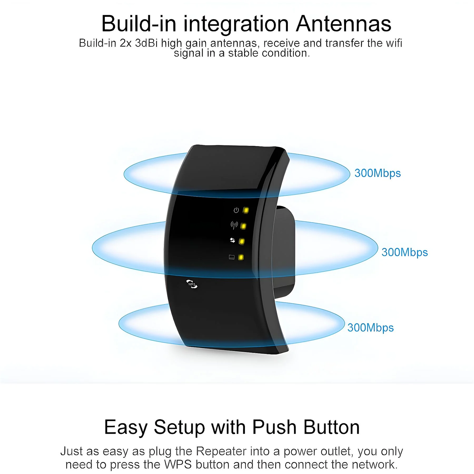 Schwarzer WLAN-Repeater mit mehreren Anzeigen und einer WPS-Taste. Der Text lautet 'Easy Setup'.