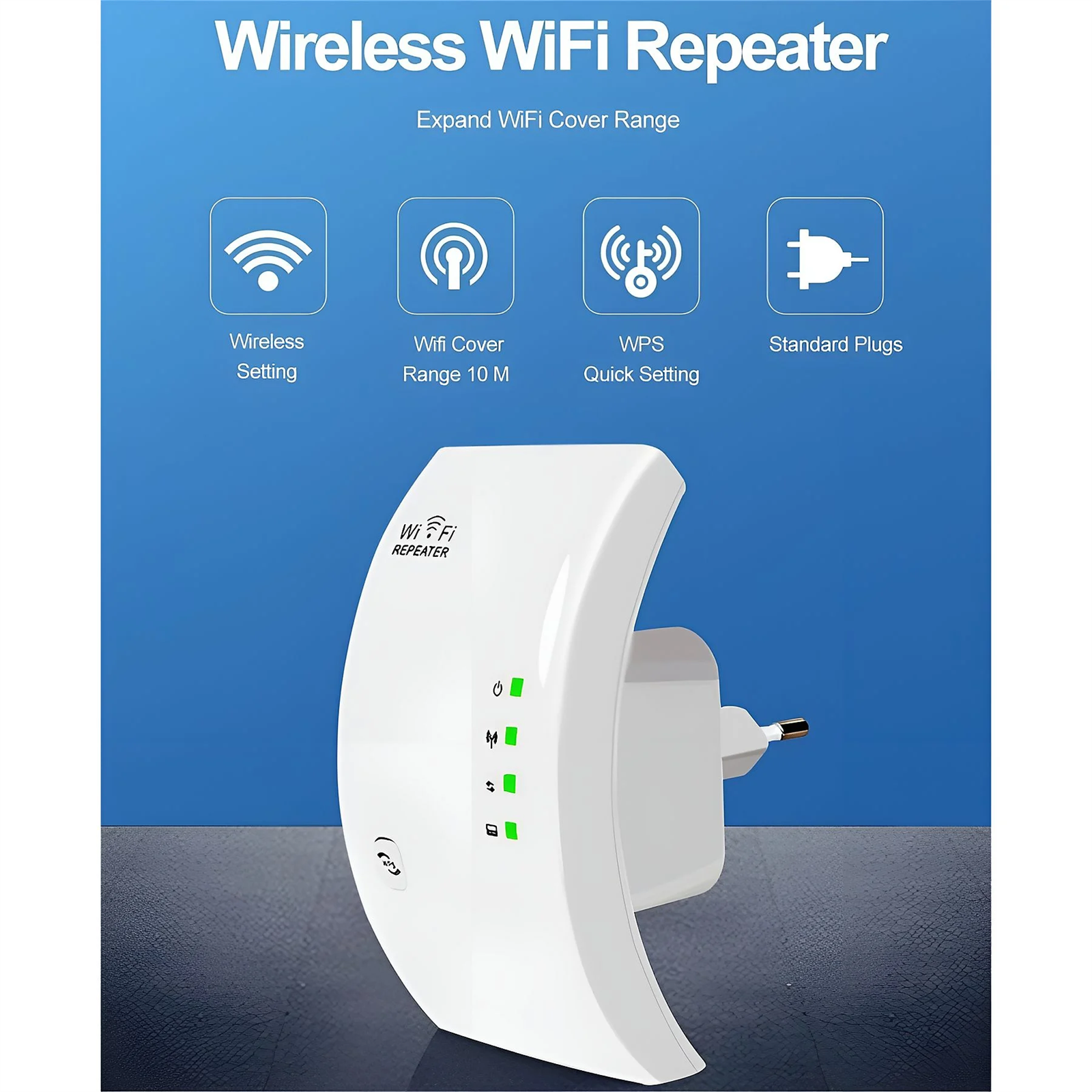 Weißer WLAN-Repeater mit Symbolen und Text. Der Hintergrund ist blau. Es steht Wireless WiFi Repeater.