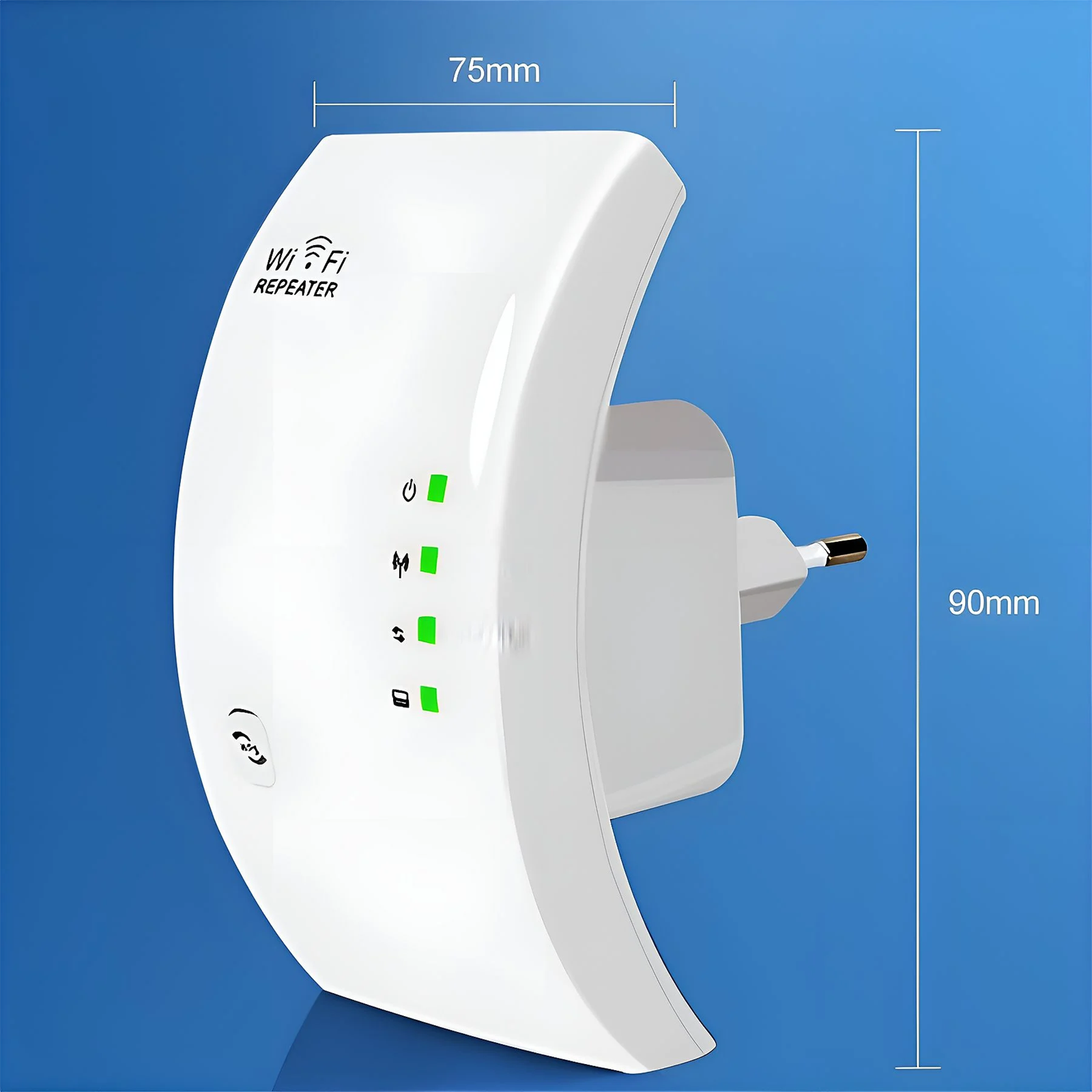 Weißer WLAN-Repeater mit grünen Lichtern. Er ist an eine Steckdose angeschlossen. Misst 75x90mm.