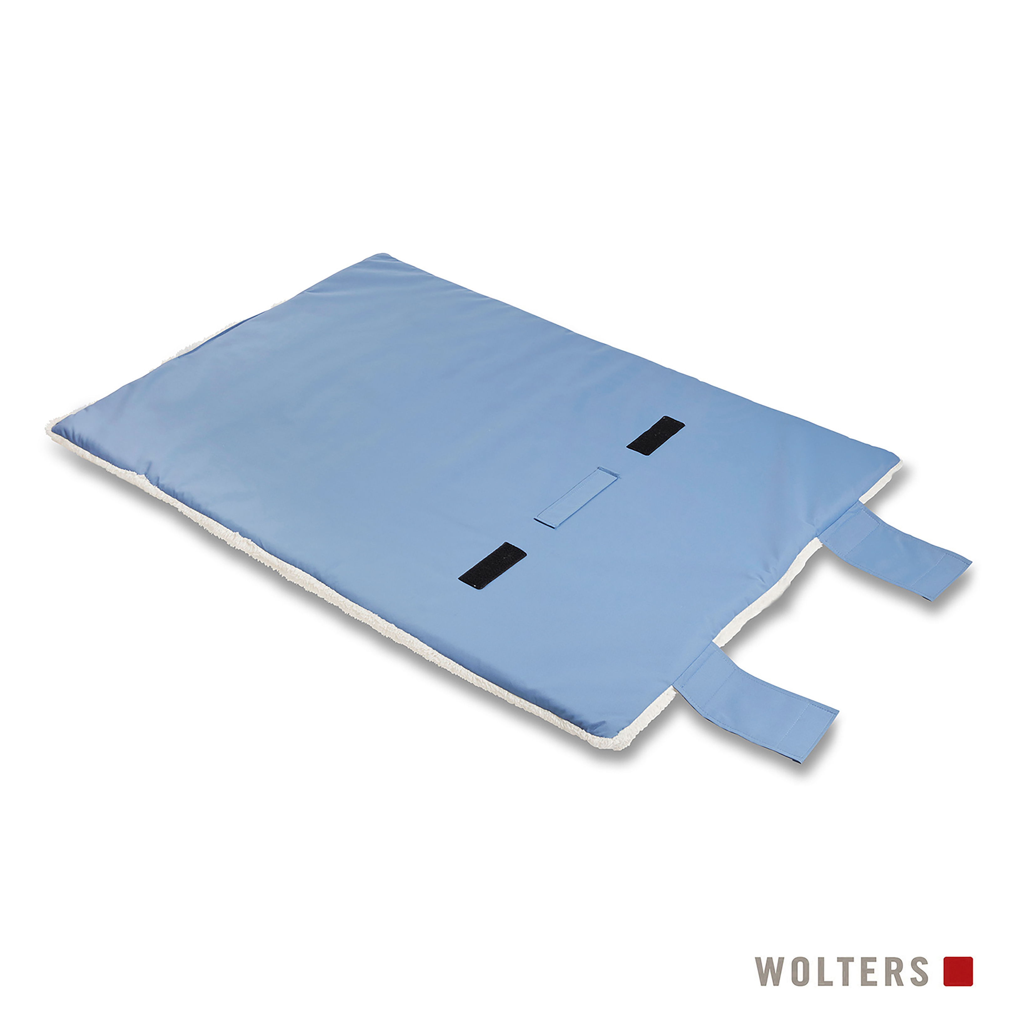 Ein blau-weißes Haustierbett liegt flach auf einer weißen Oberfläche. Das Bett hat eine blaue Außenseite und eine weiße Innenseite.