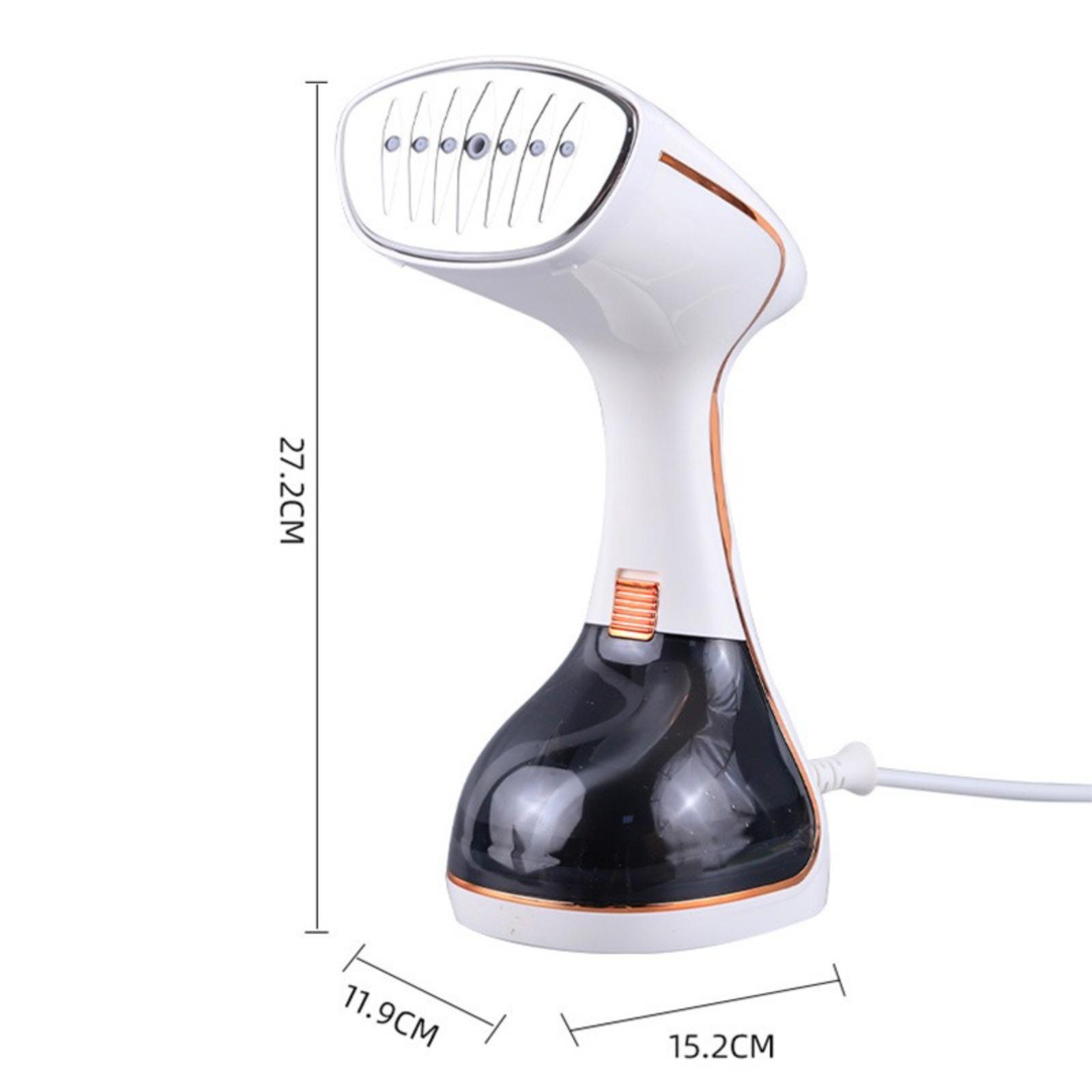 Ein weißer und goldener Handdampfer mit beschrifteten Abmessungen. Schwarze Basis und weißes Kabel.