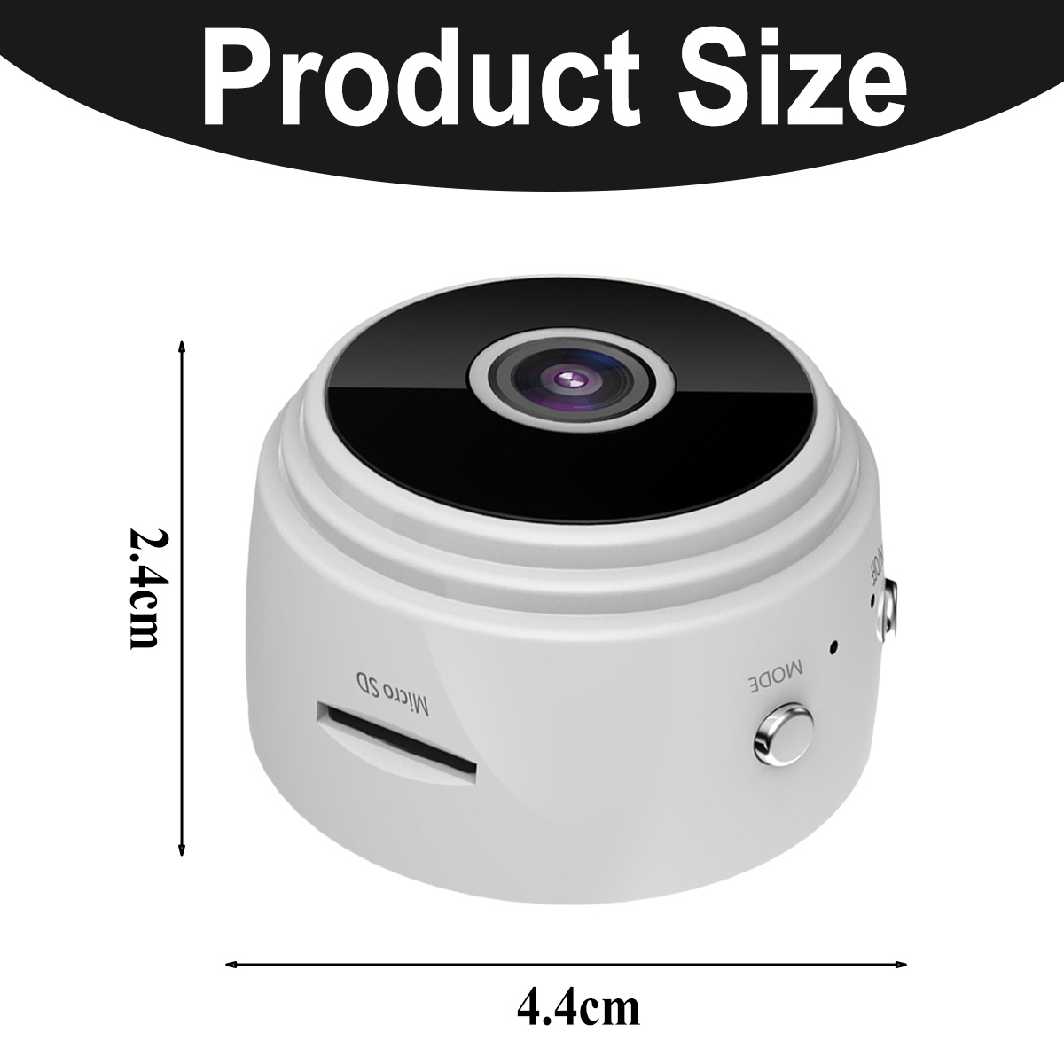 Kleine weiße Überwachungskamera mit schwarzem Objektiv. Abmessungen: 2,4 cm Höhe, 4,4 cm Breite. Text: Produktgröße.