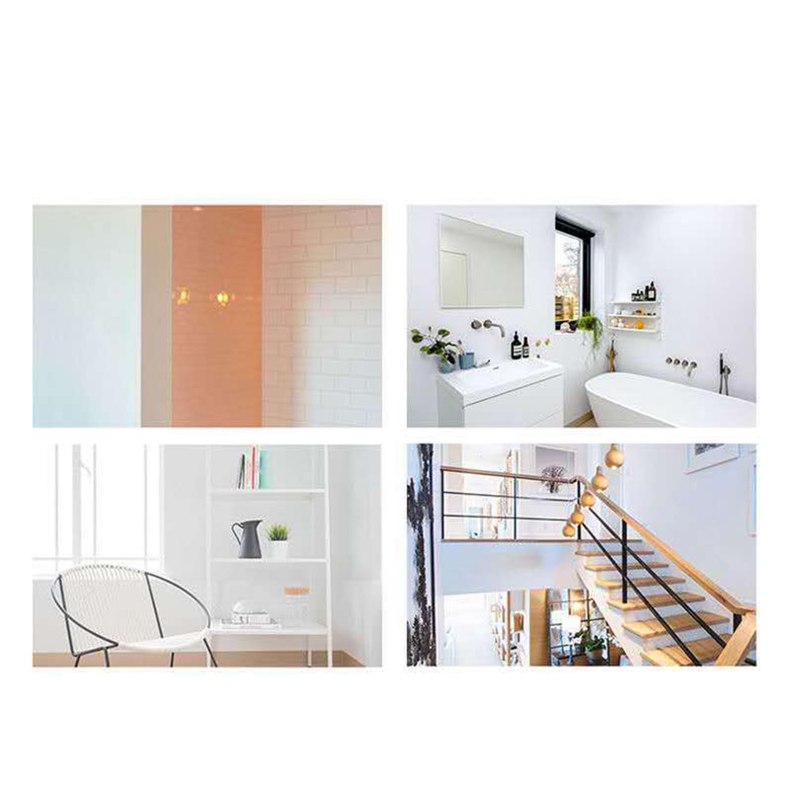 Vier Bilder eines modernen Interieurs mit weißen Wänden. Bad, Regal, Treppe und Lichter. Sauberes, minimalistisches Design.