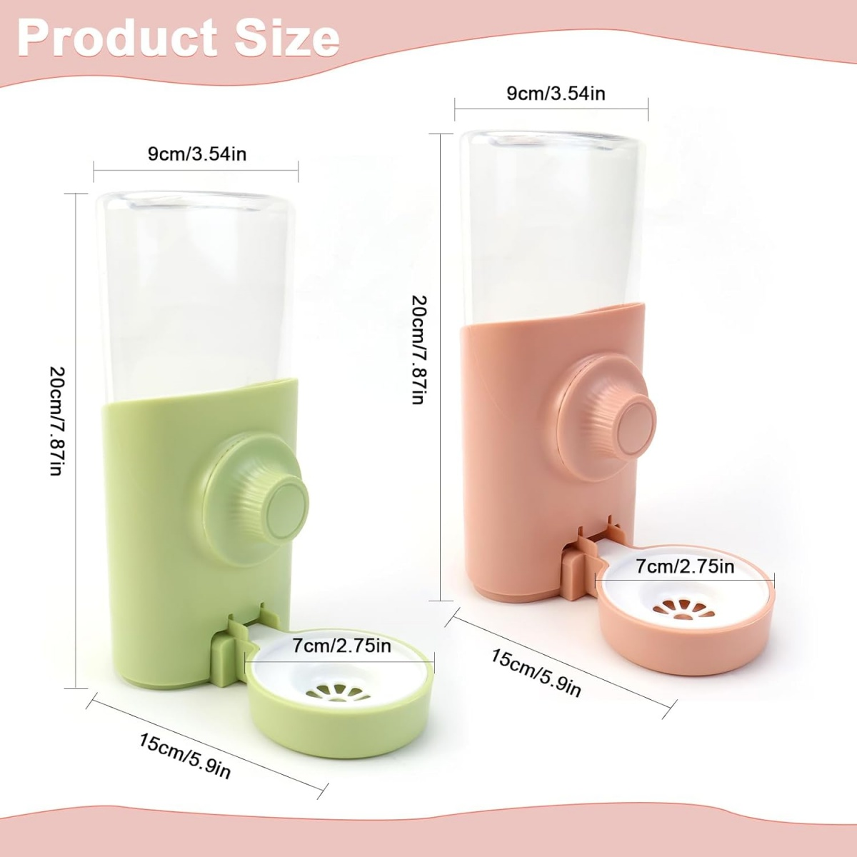 Zwei Haustier-Wasserspender, grün und rosa, mit Maßangaben und weißem Hintergrund.