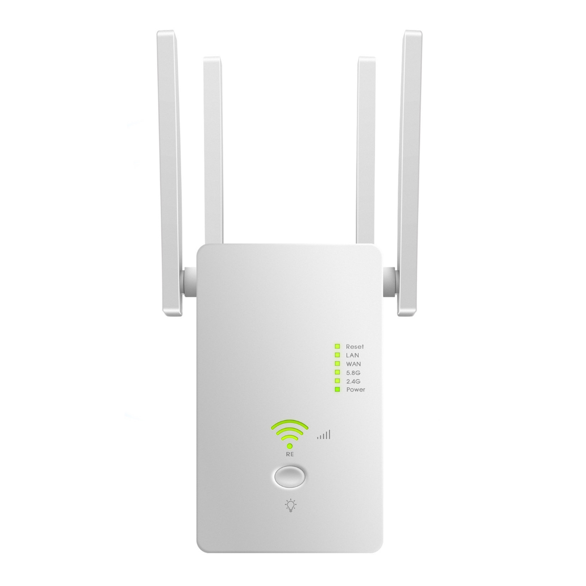 Ein weißer Router mit 4 Antennen. Er hat mehrere Kontrollleuchten und eine Taste, vor weißem Hintergrund.