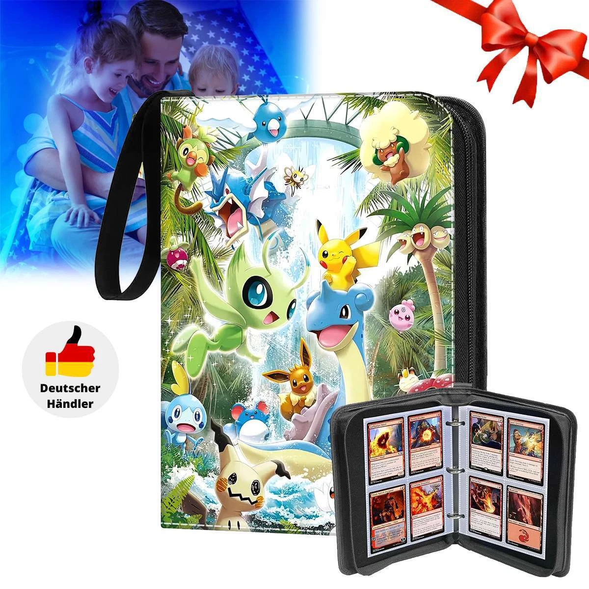Ein Pokémon-Kartenordner mit Familie und Geschenk. Das Cover zeigt eine Szene mit Pokémon-Charakteren, Wasserfall und Wald.