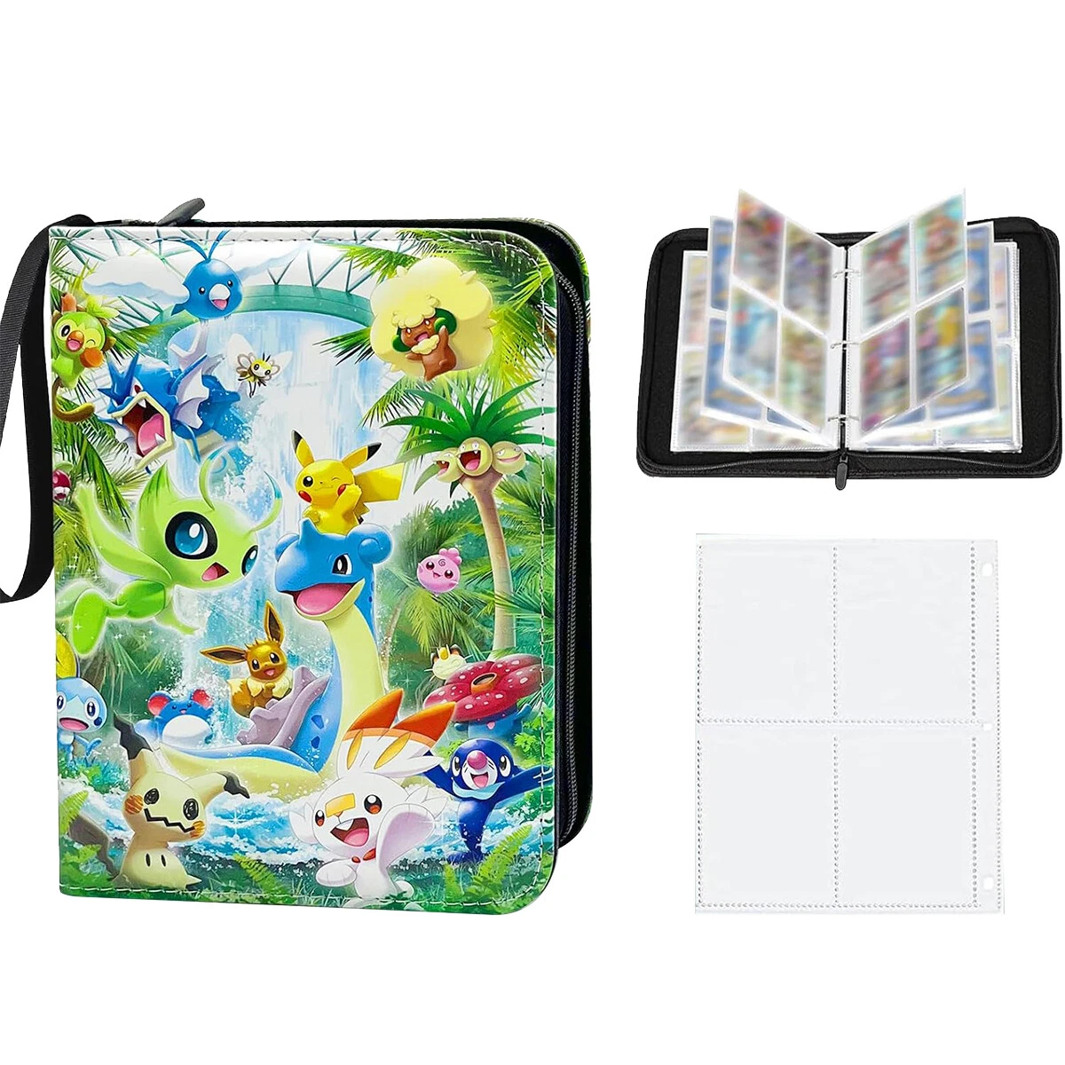 Pokemon-Kartenordner offen mit Karten. Geschlossener Ordner mit vielen Pokemon-Charakteren. Weißer Hintergrund.