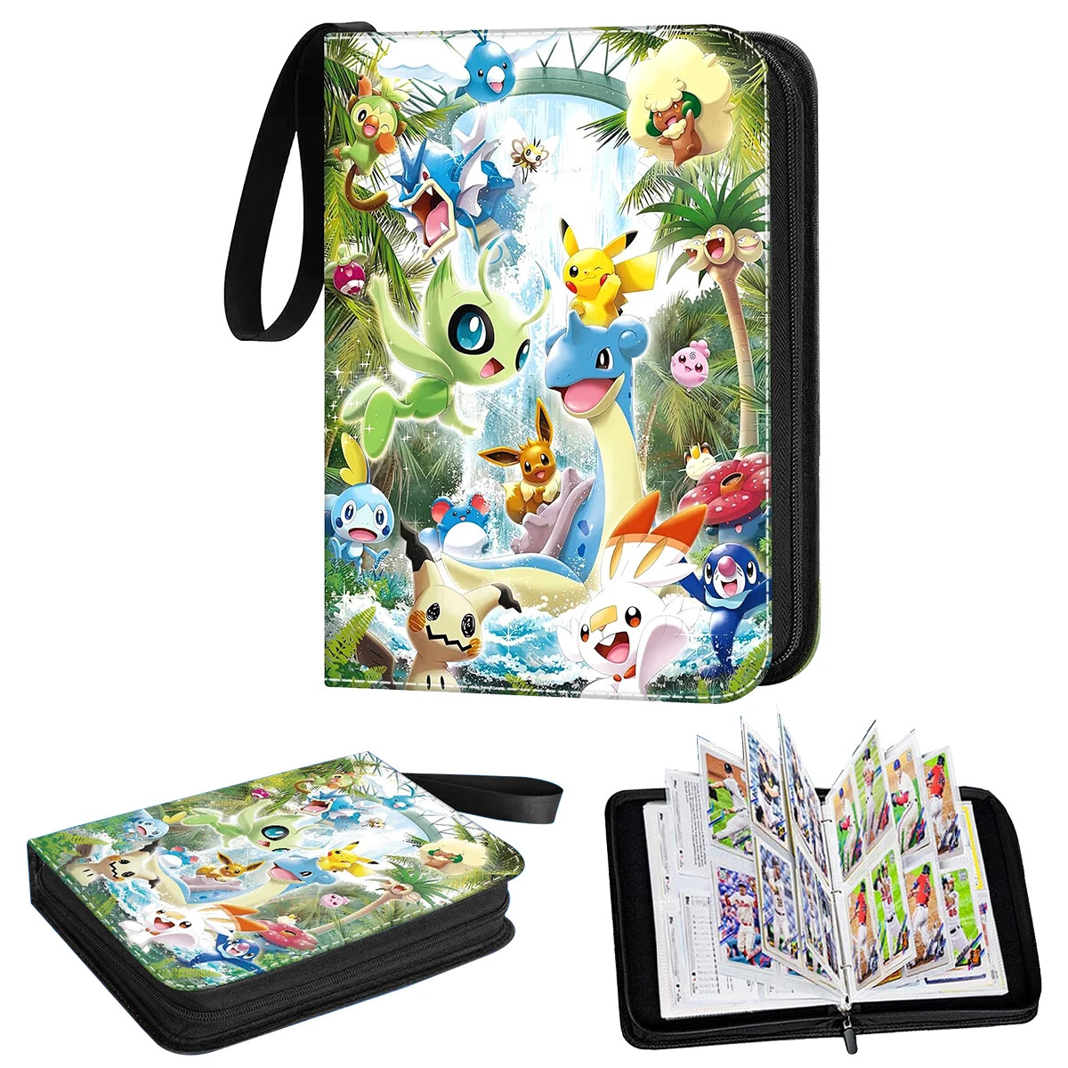 Ein Pokémon-Kartenordner, offen und geschlossen, mit einem bunten Cover mit Pokémon-Charakteren. Der Ordner zeigt Karten.