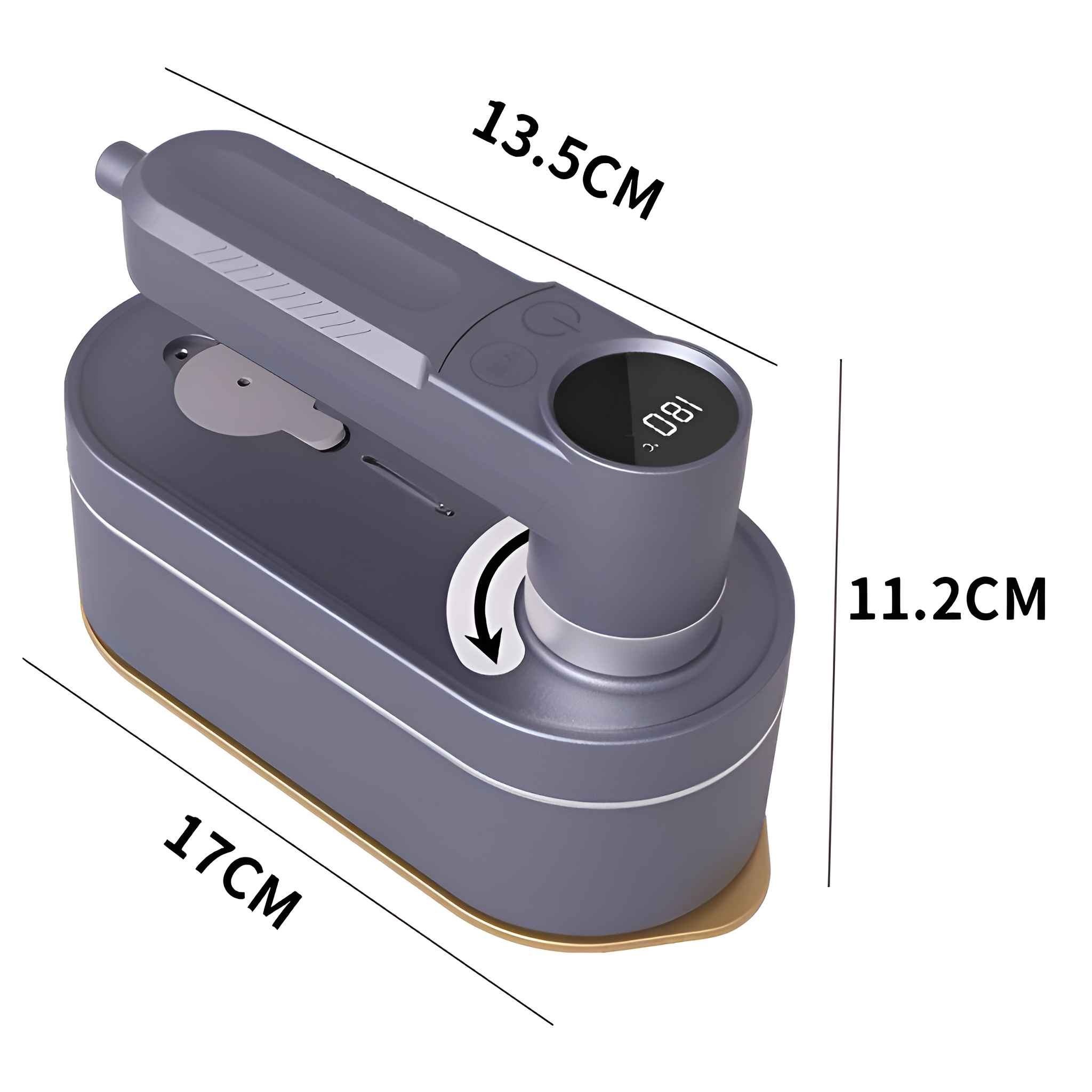 Ein graues Gerät mit den angegebenen Abmessungen: 17 cm, 13,5 cm und 11,2 cm. Es hat ein Display.