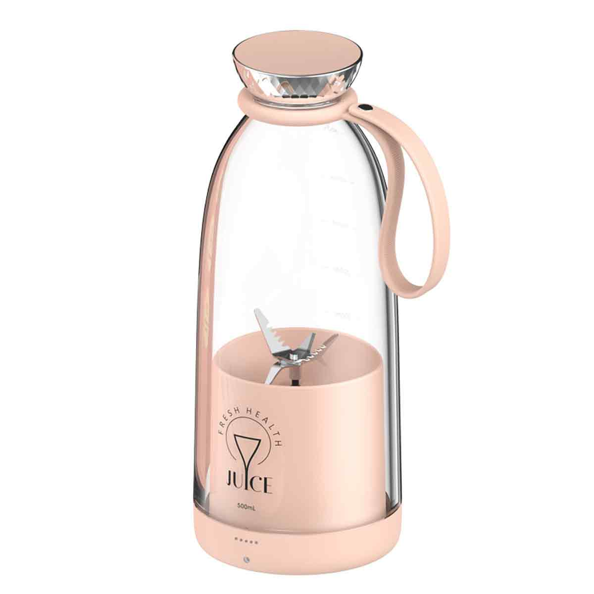 Ein tragbarer Mixer mit rosa Basis und einem transparenten Behälter, gefüllt mit Saft.