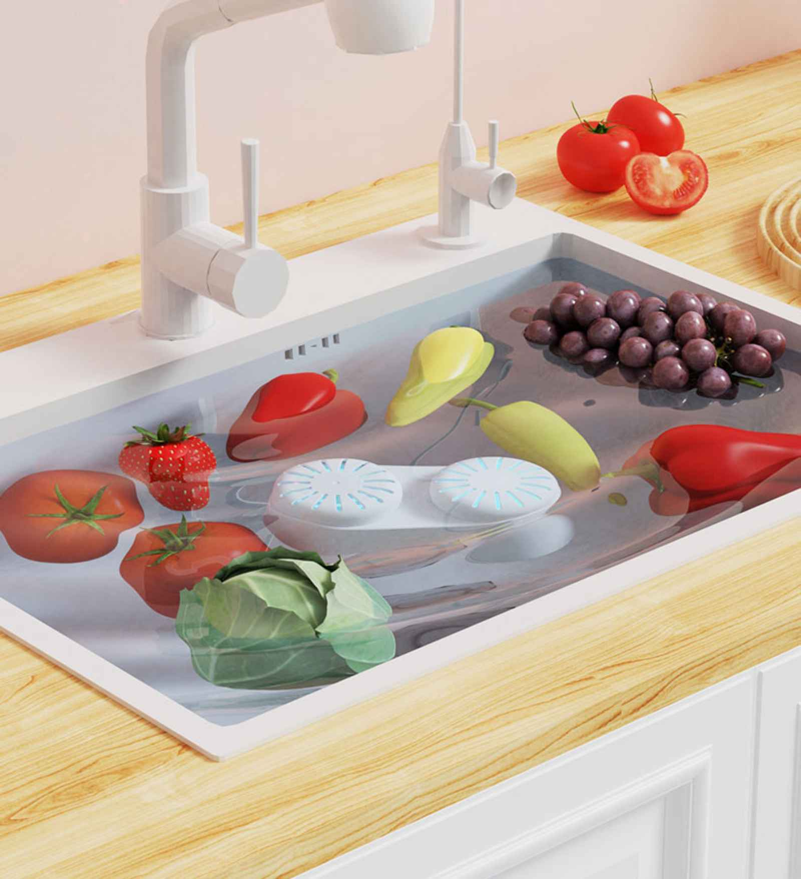 Kontaktlinsenreiniger mit Gemüse, das in Wasser schwimmt. Tomaten, Paprika und Trauben. Weißer und blauer Reiniger.